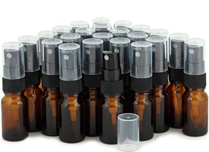 , 24, Amber, 10 ml (1/3 oz) Glass Bottles, with Black Fine Mist 0.3 Ounces