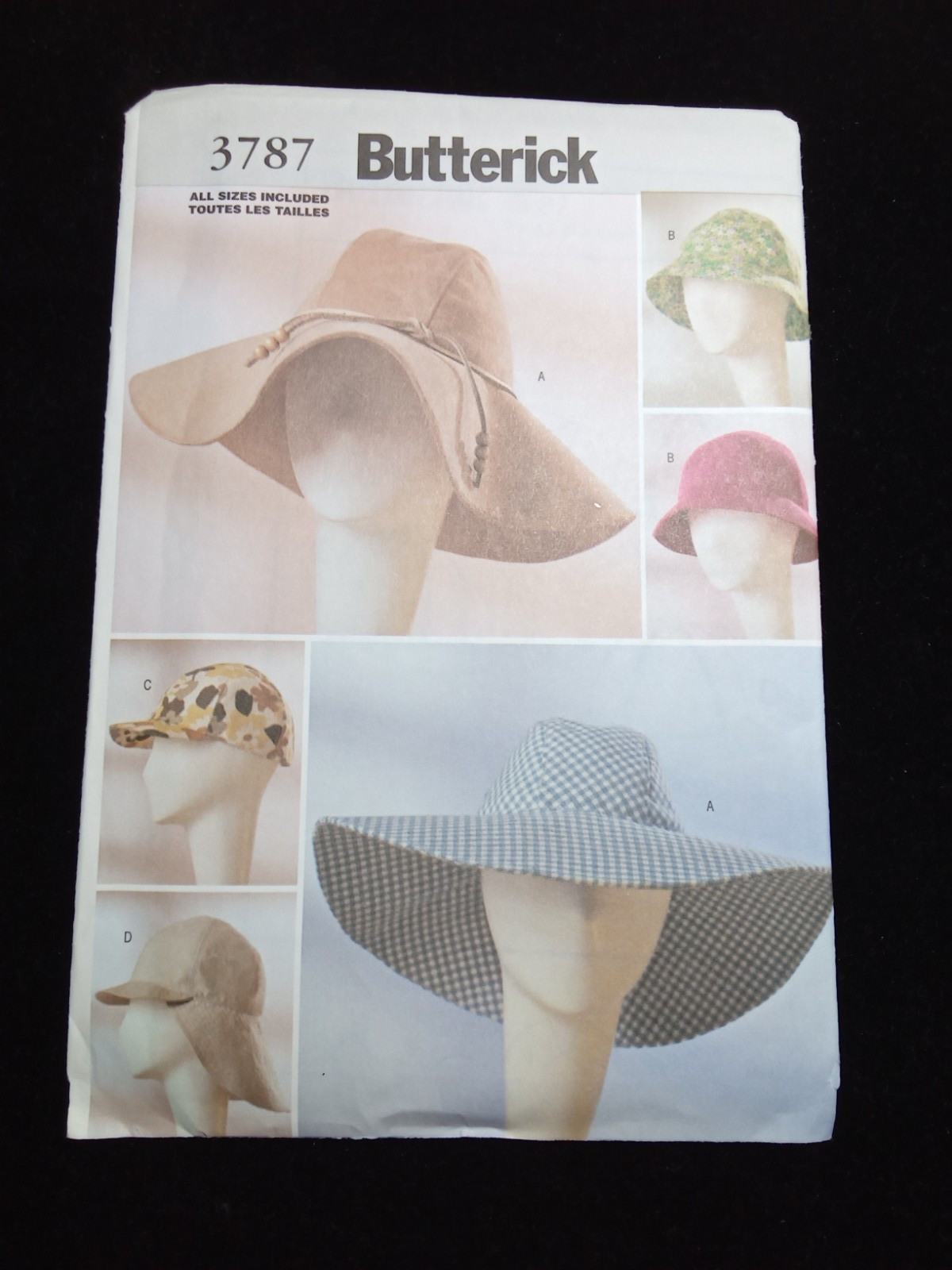 BUTTERICK UNCUT Pattern 3787 All Sizes SML Lined Hats Caps Floppy 4 Styles