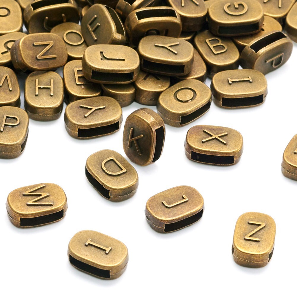 52Pcs Antique Bronze Letter A~Z Rectangle with Letter Slide Charms 11.5×7.5x5mm