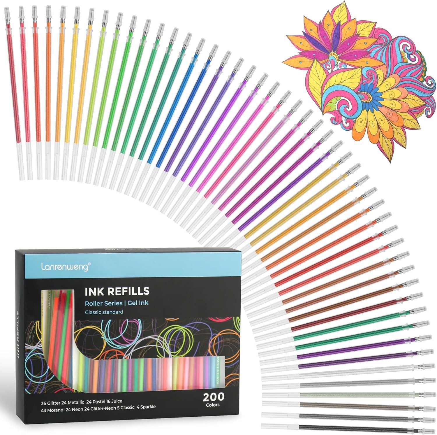 200 Colors Gel Pen Refills, Glitter Neon Gel Pens Refills,Replace Cartridges fo