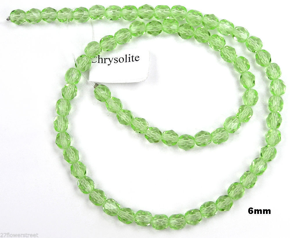 Czech Fire Polished Round Faceted Beads in Chrysolite color, 16” strand,lt.green
