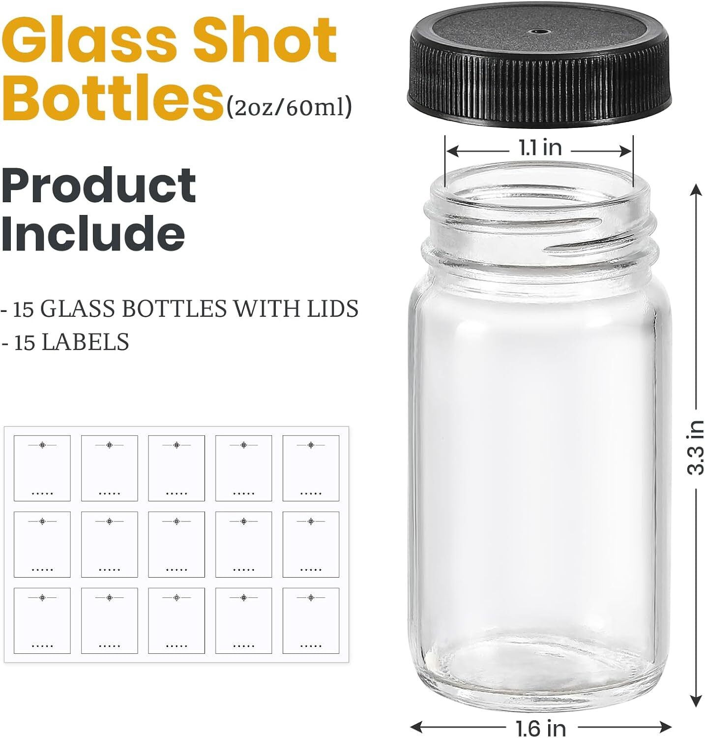 15 packages of 2 oz. mini glass bottles (with black lids and 15 labels)