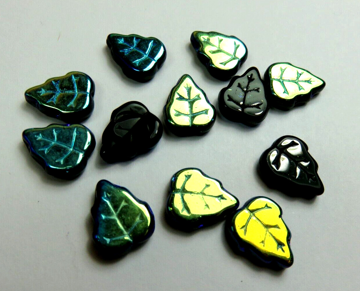 12 Pcs ~ Lrg LEAF ~ JET BLACK AB ~ 12x10mm ~ FIRE POLISH ~ GLASS BEADS LOT