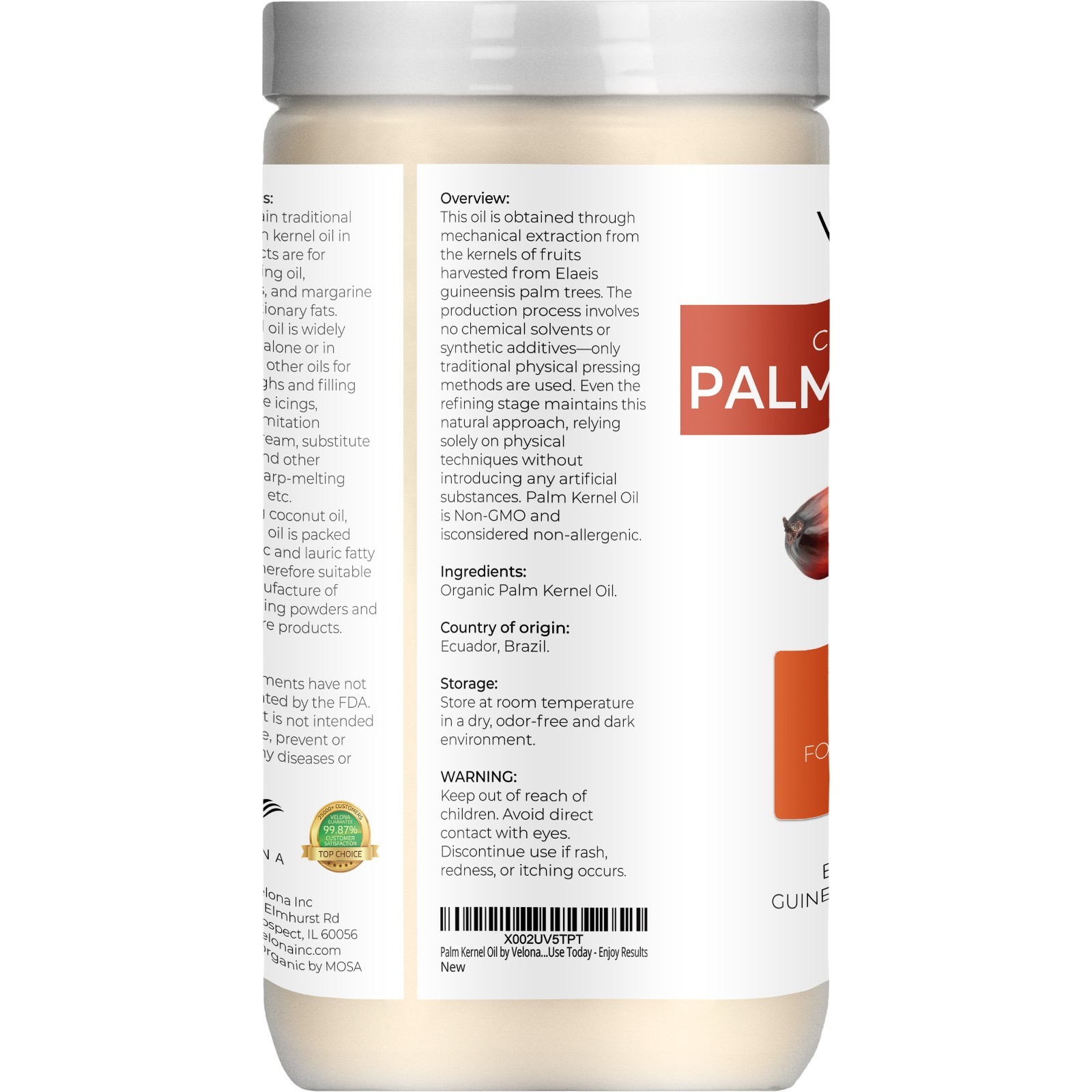 Velona USDA Certified Organic Palm Kernel Oil 32 oz Refined, Cold Pressed | Face