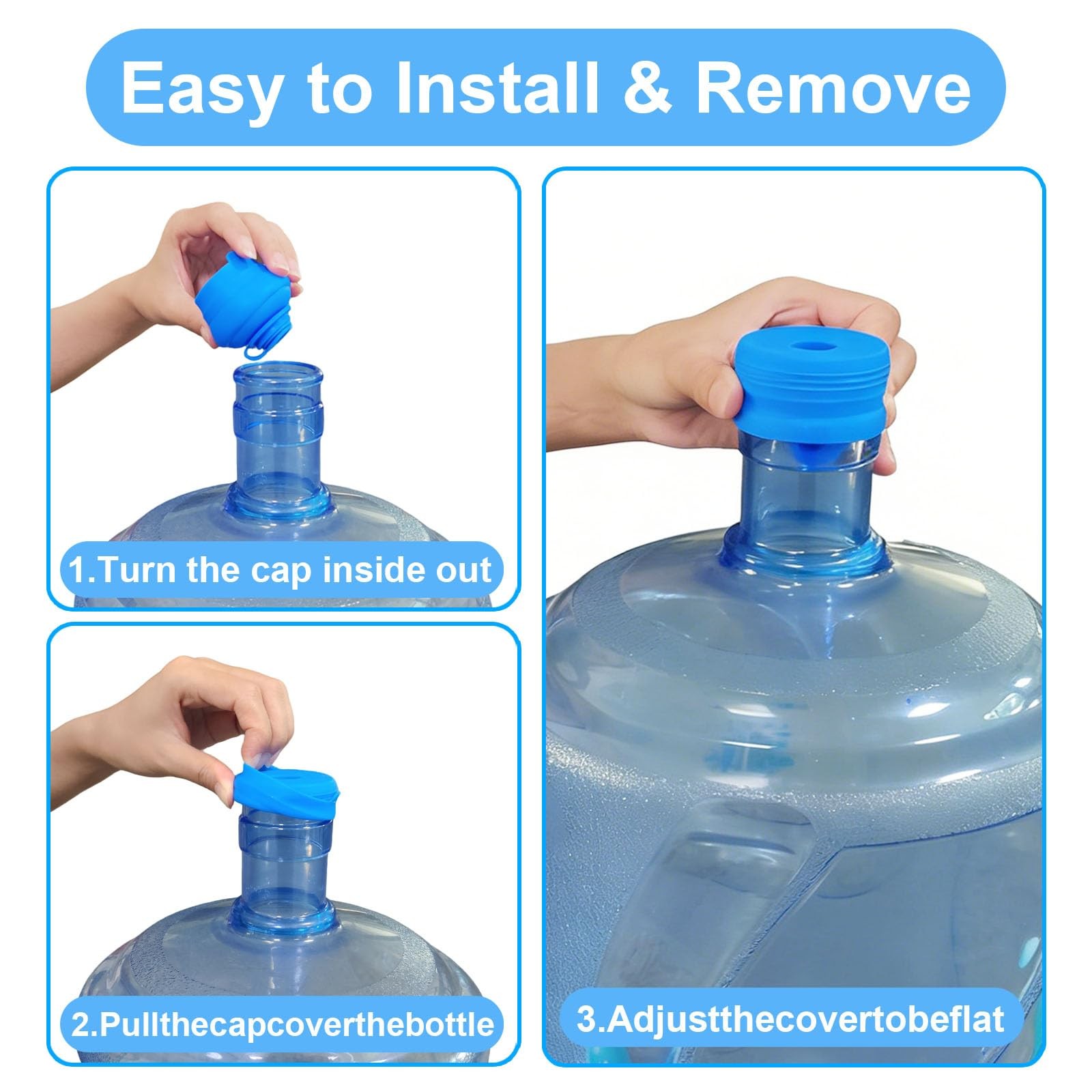 3 Pack 3 and 5 Gallon Water Jug Cap, Upgrade Silicone Reusable 55mm, Blue