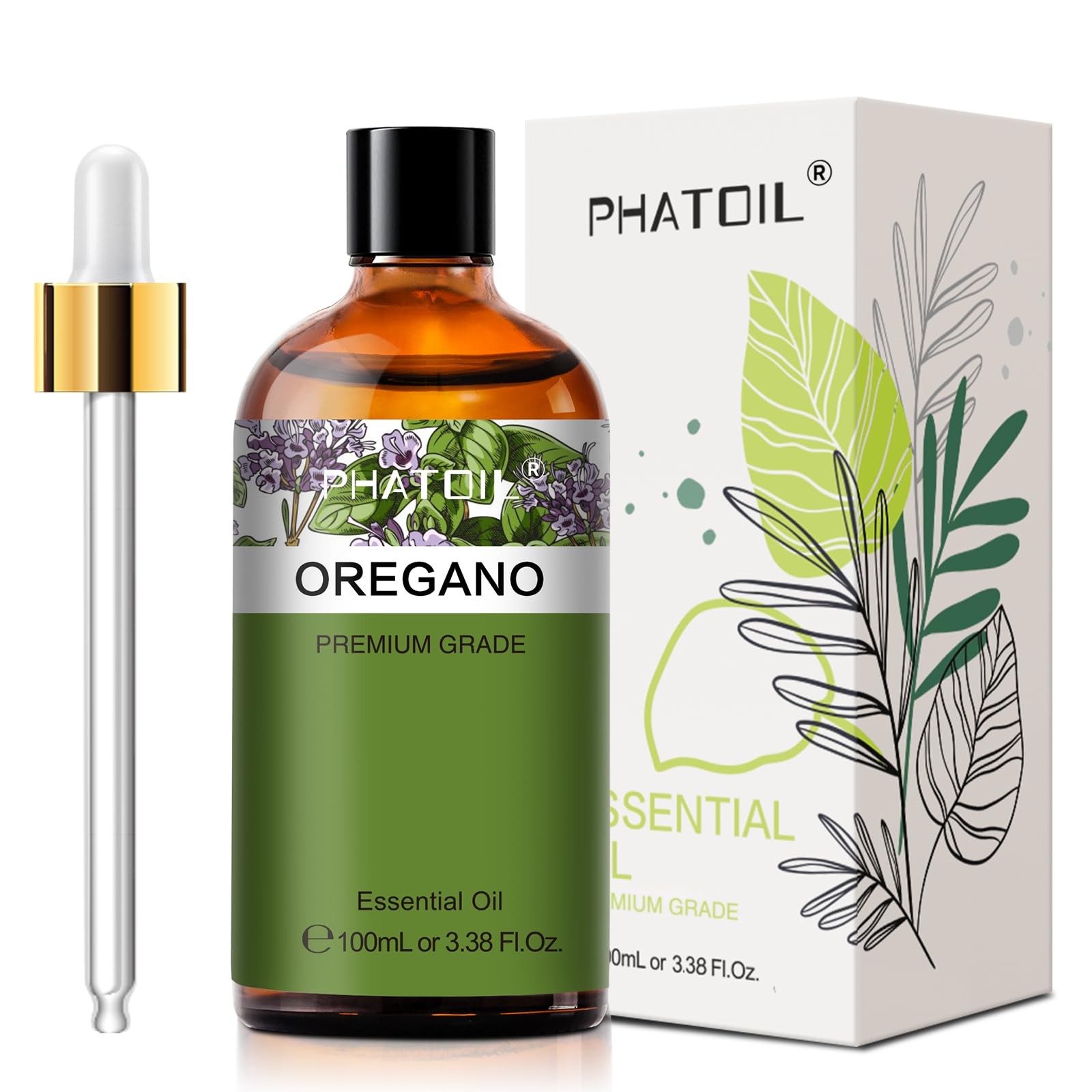 Oregano 3.38fl.oz Essential Oil, PHATOIL Pure 3.38 Fl Oz (Pack of 1), Amber