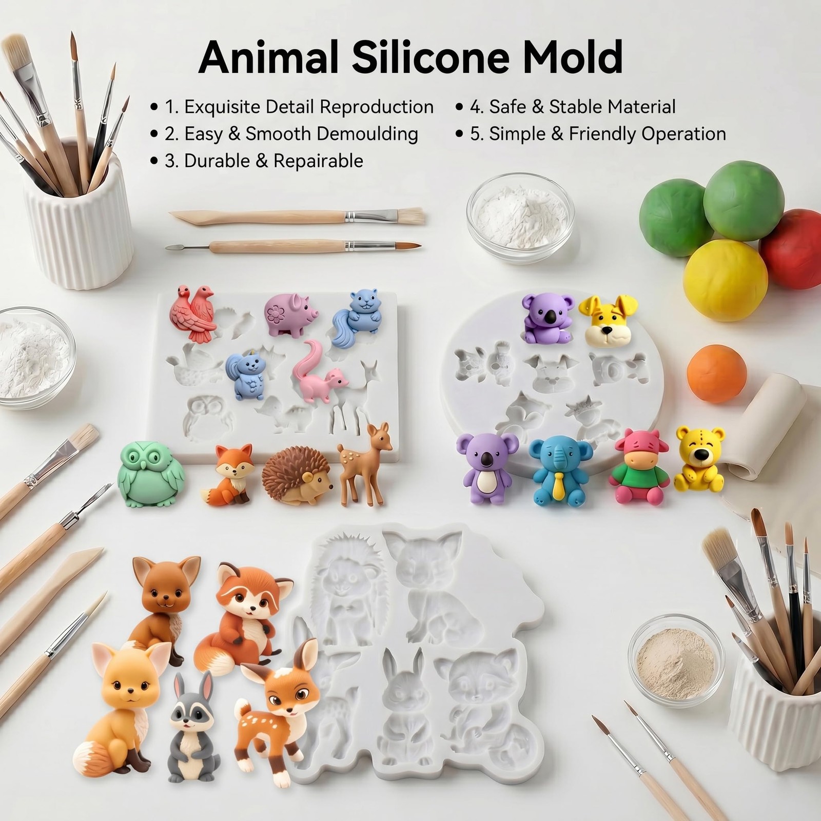Animal Polymer Clay Mold Hedgehog Deer Bear Pig Squirrel Fox Owl Koala Silicone