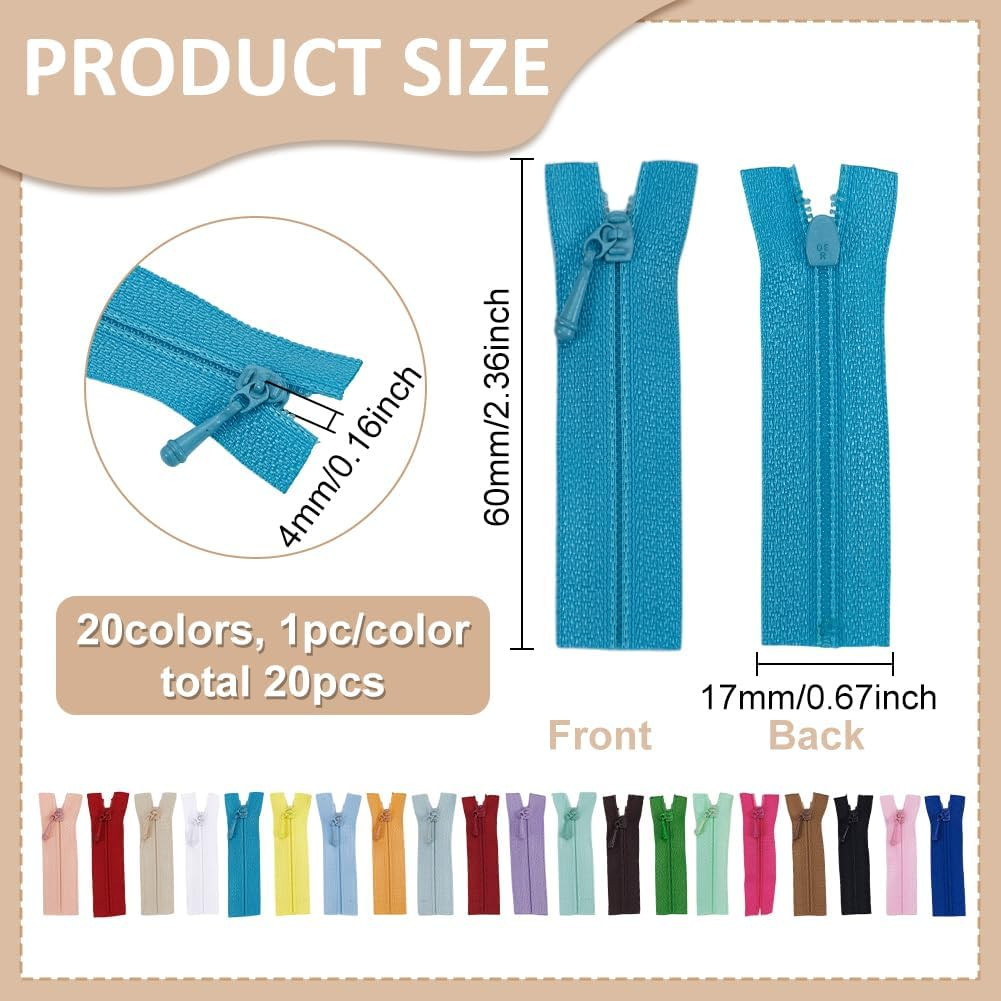 20 PCS Tiny Zippers for Doll Sewing Clothes 2.36 inch Long 20 Colors Nylon Zippe