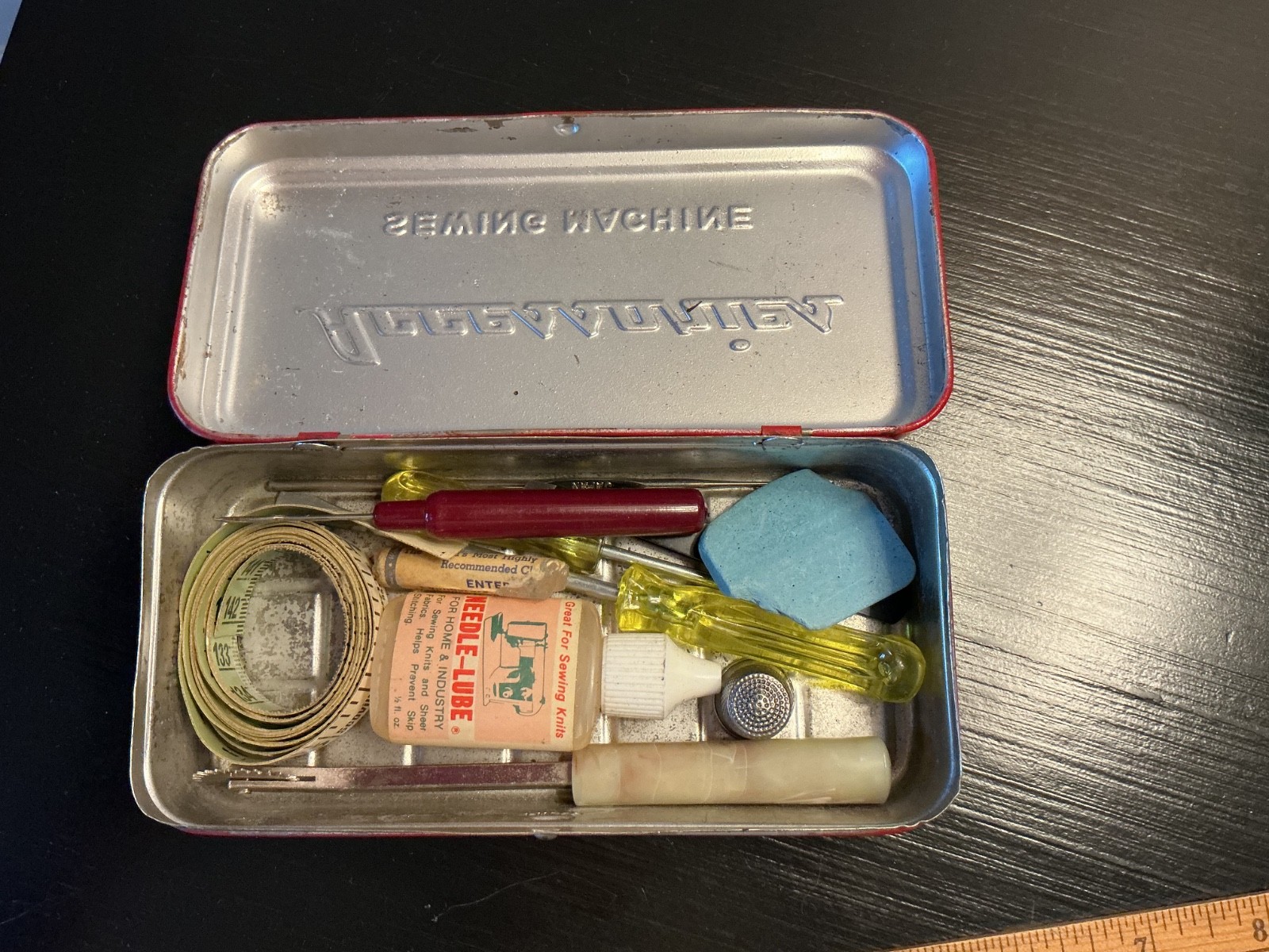 Vintage Red Metal Sewing Accessories Box with Multiple Parts