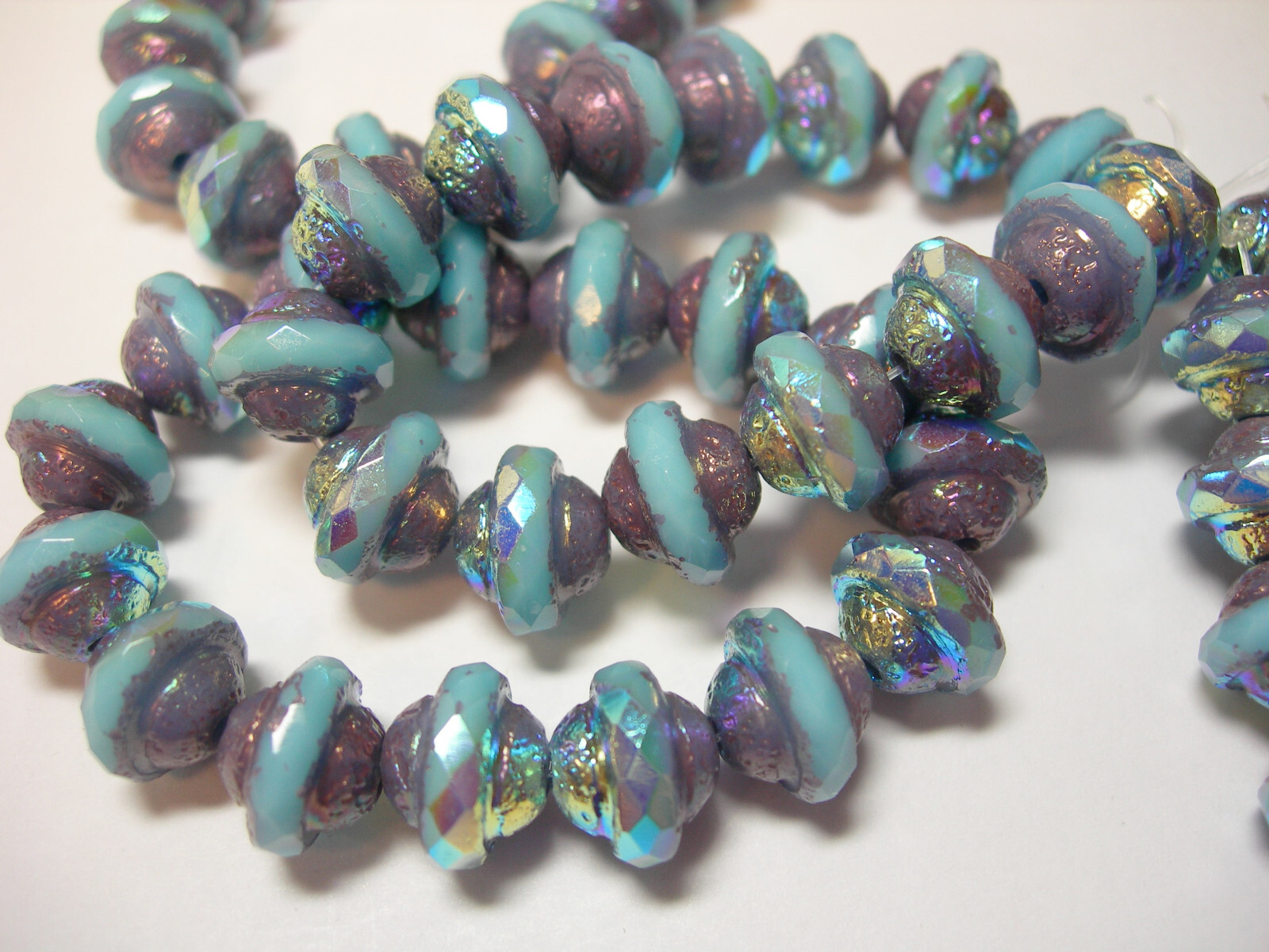 15 8mm Czech Glass Baby Blue with Purple AB Finish Saturn Saucer Beads