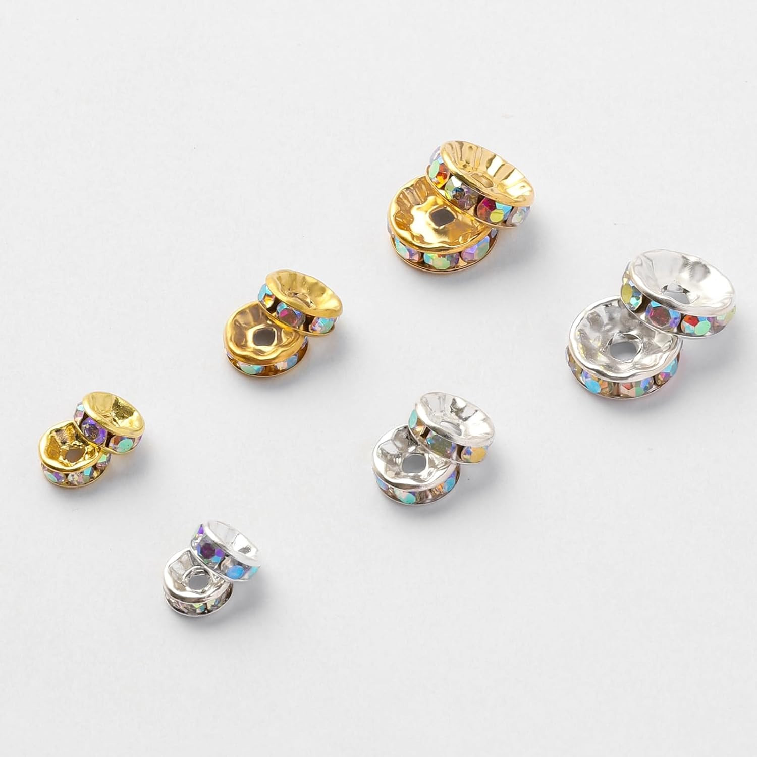 200Pcs 6mm Rondelle Spacer Beads Silver Plated Rhinestone AB Color Crystal Loose