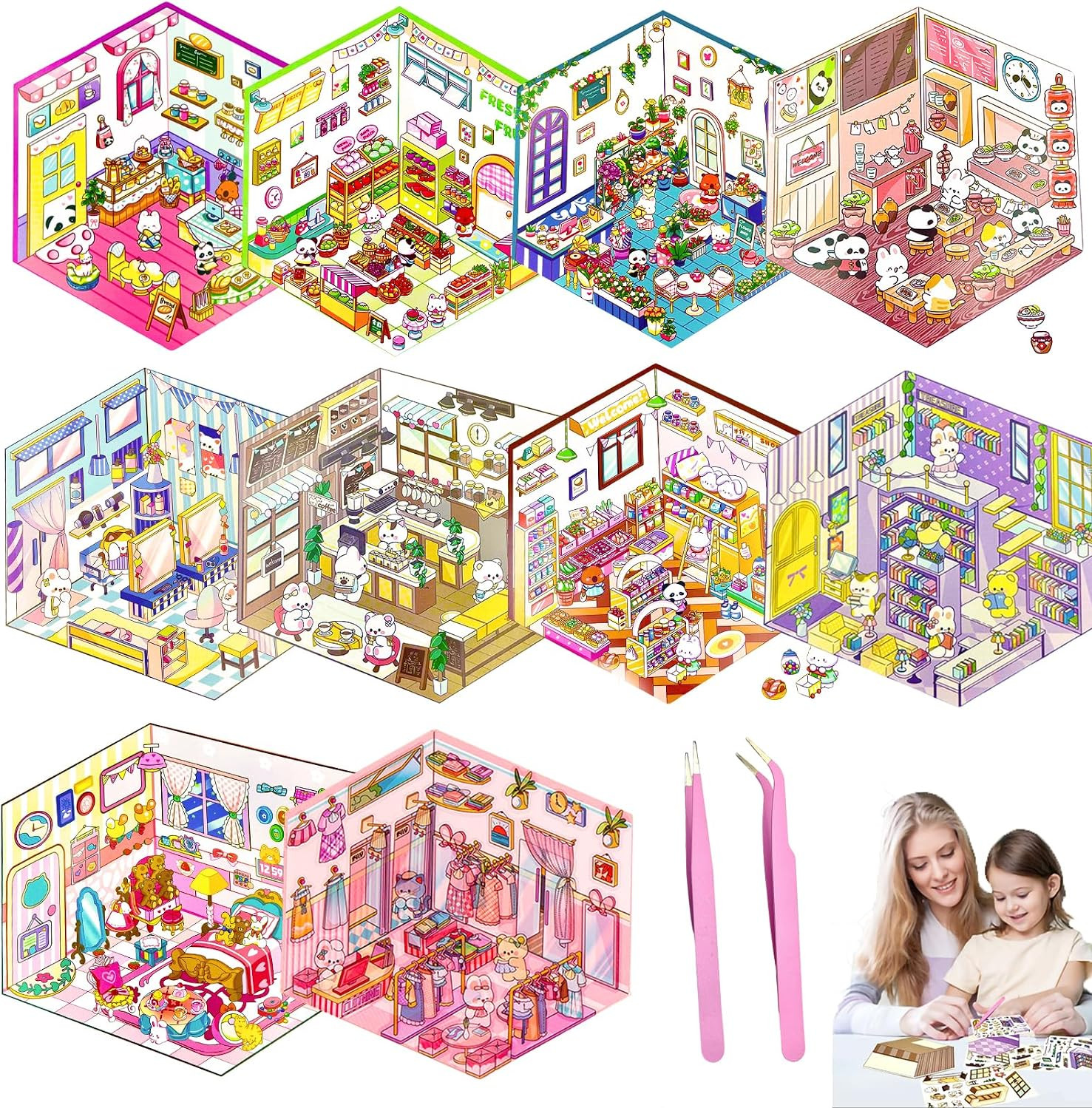 10 Sets DIY 3D House Stickers Kit Non-Toxic & Safe 3D Miniature Scene Therapy