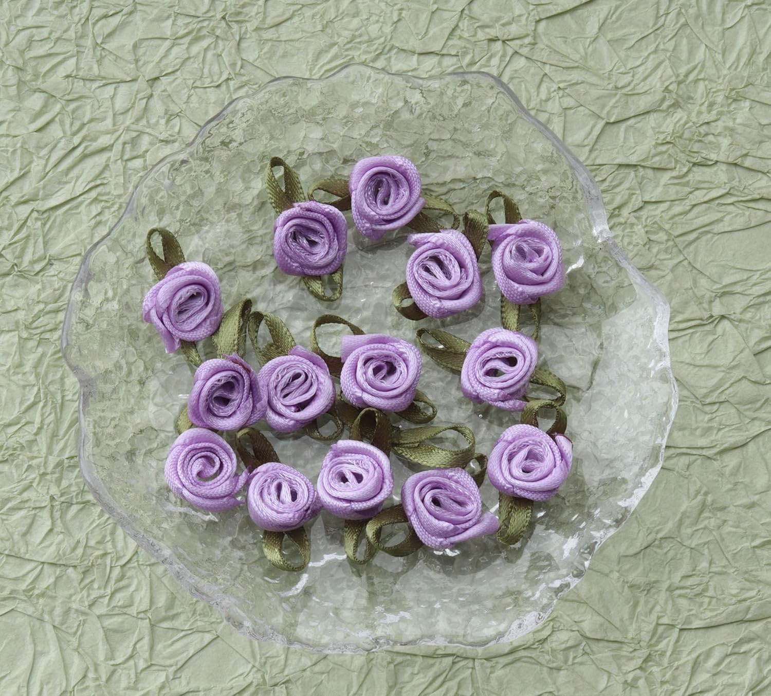 50 Pcs Satin Roses with Green Leaves Mini Cute Ribbon Bows Fabric Artificial Flo