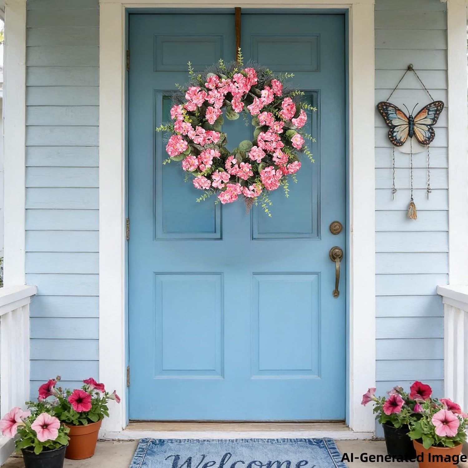 Kuimen Pink Artificial Geranium Wreath 22 Inch Spring Summer Wreaths For Front