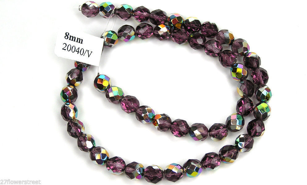 Czech Fire Polished Round Faceted Glass Beads in Amethyst Vitrail coated, 16″
