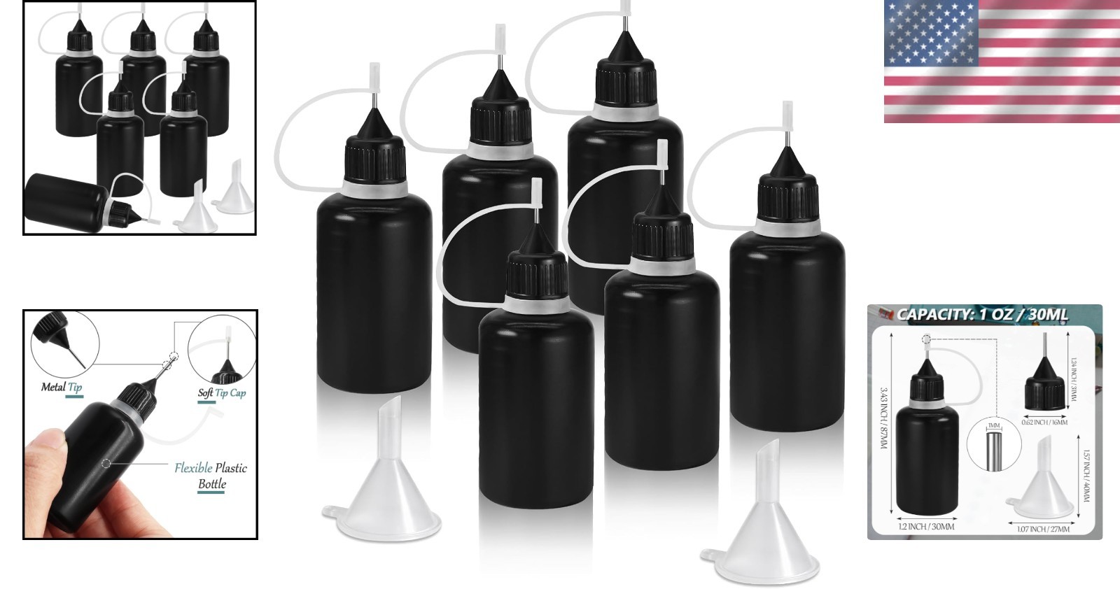 Durable 30ml Black Squeeze Bottles with Mini Funnels for Precise Applications