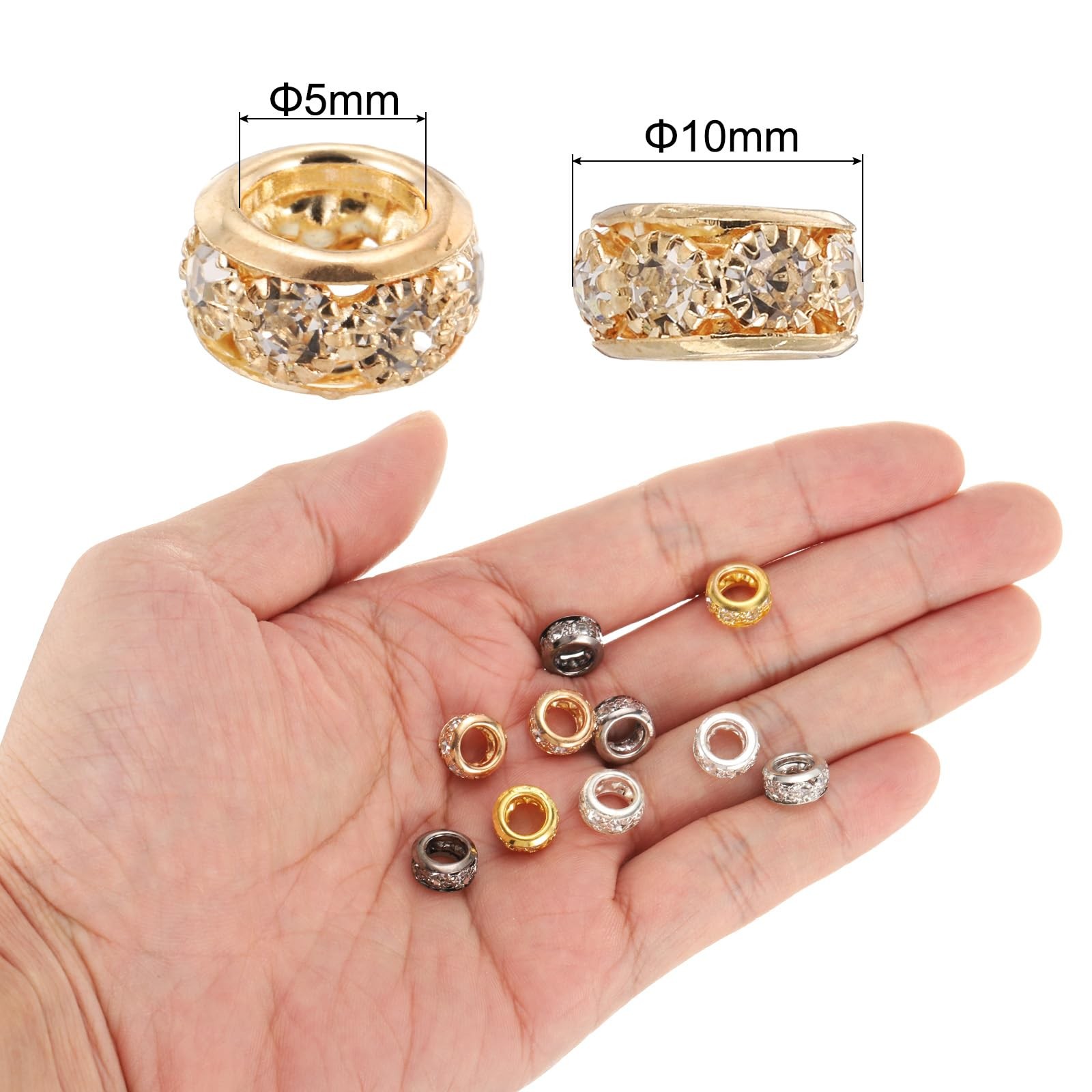 uxcell 40 Pcs 10mm Large Hole Rhinestone Beads, European Spacer Bead, Rondelle L