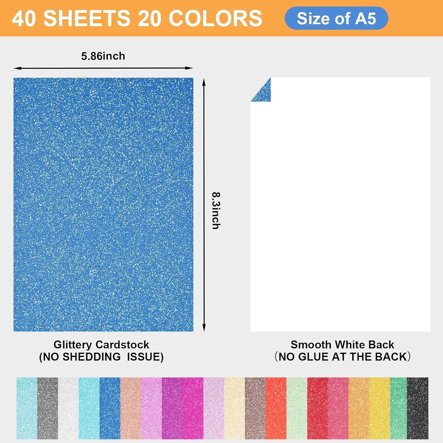40 Sheets 20 Colors Glitter Cardstock Cricut Paper Cardstock No-Shed Sparkly
