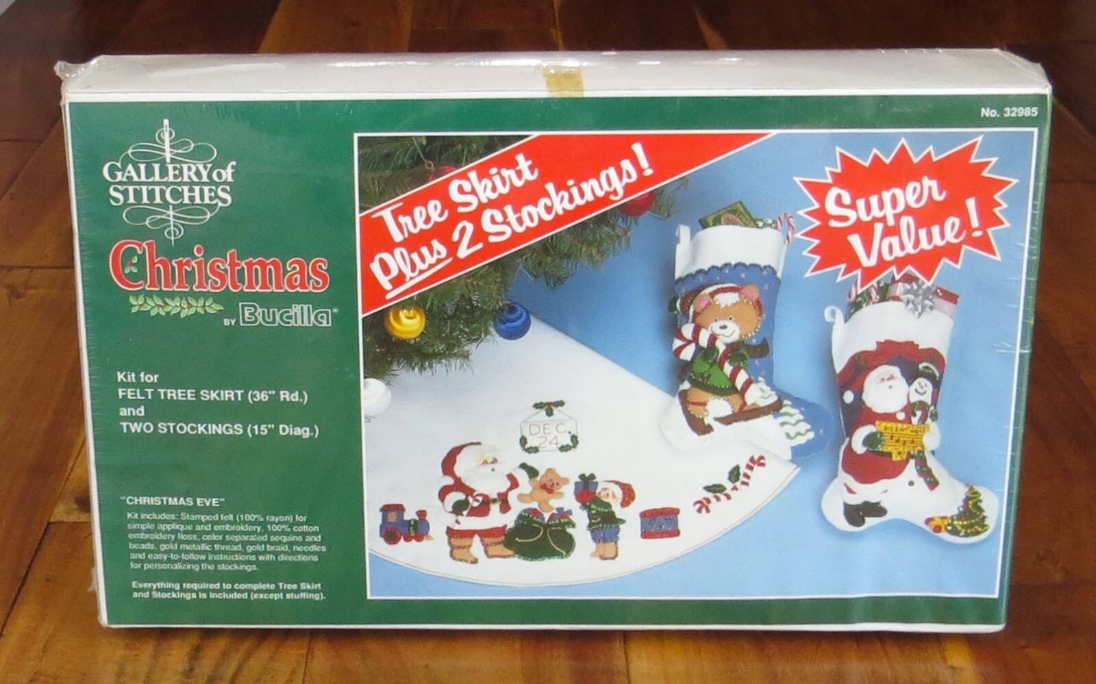 Vintage Bucilla Christmas FELT TREE SKIRT + 2 STOCKINGS Kit NEW Santa Sequins