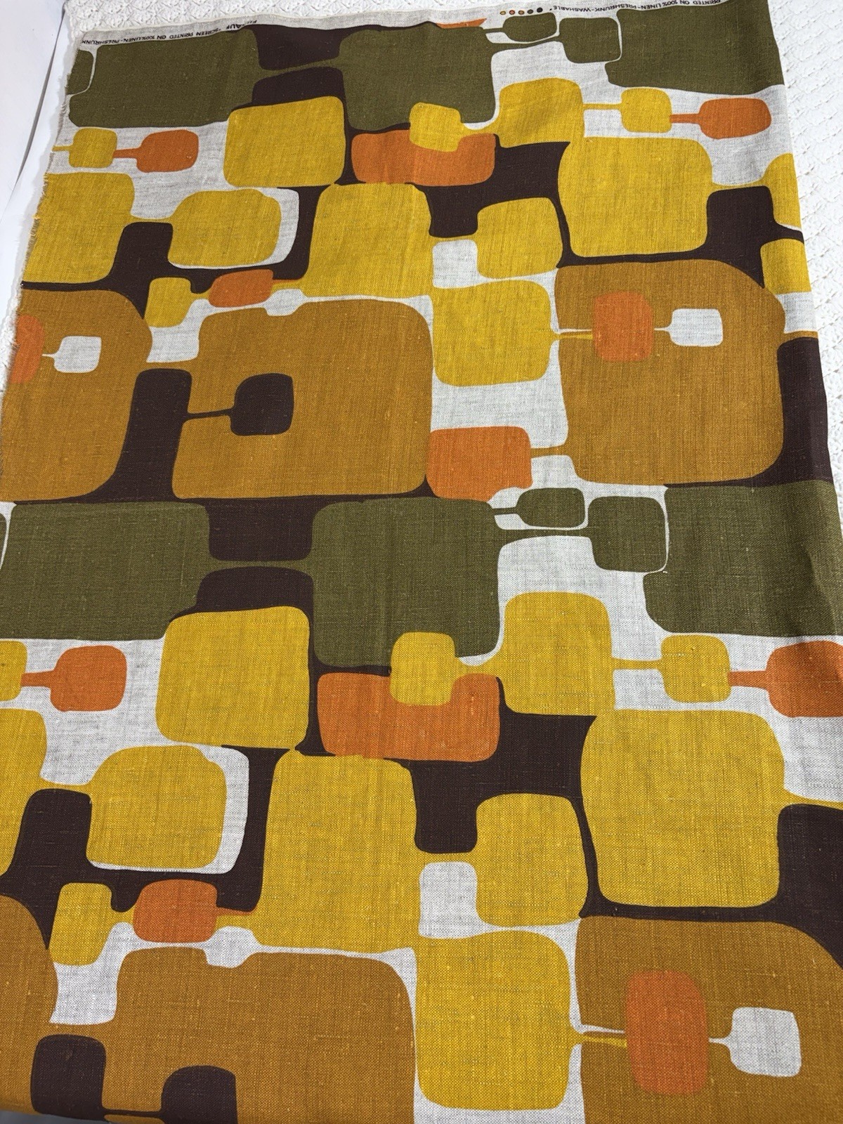 Vintage Filkauf Screen Printed Linen Fabric MCM Retro Orange Brown 100% Linen
