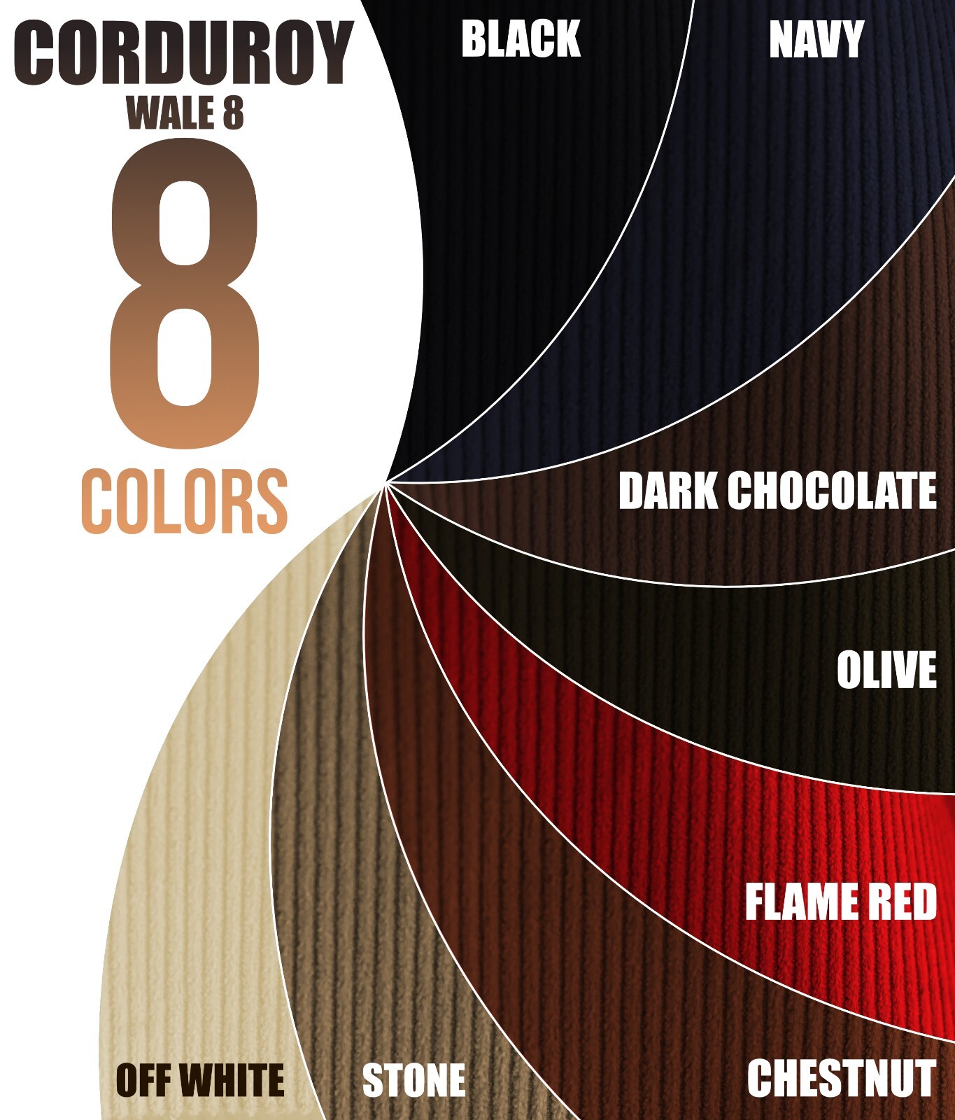 8Corduroy Fabric 8 Wale Apparel 290-300GSM Solid Color by Continuous Yard 58″ W