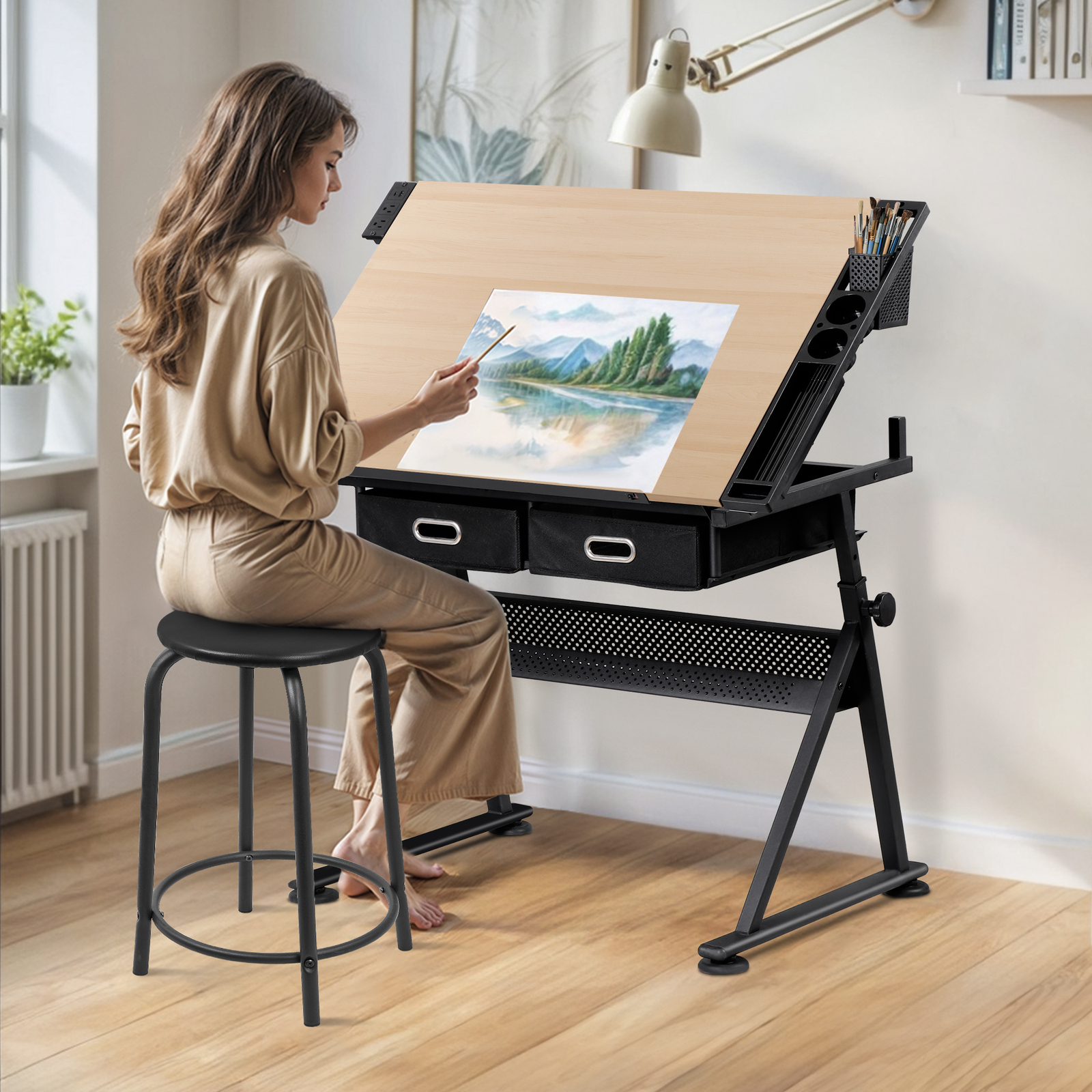 Adjustable Artist Table Tilted Tabletop Drafting Stool & Storage Drawer Natural