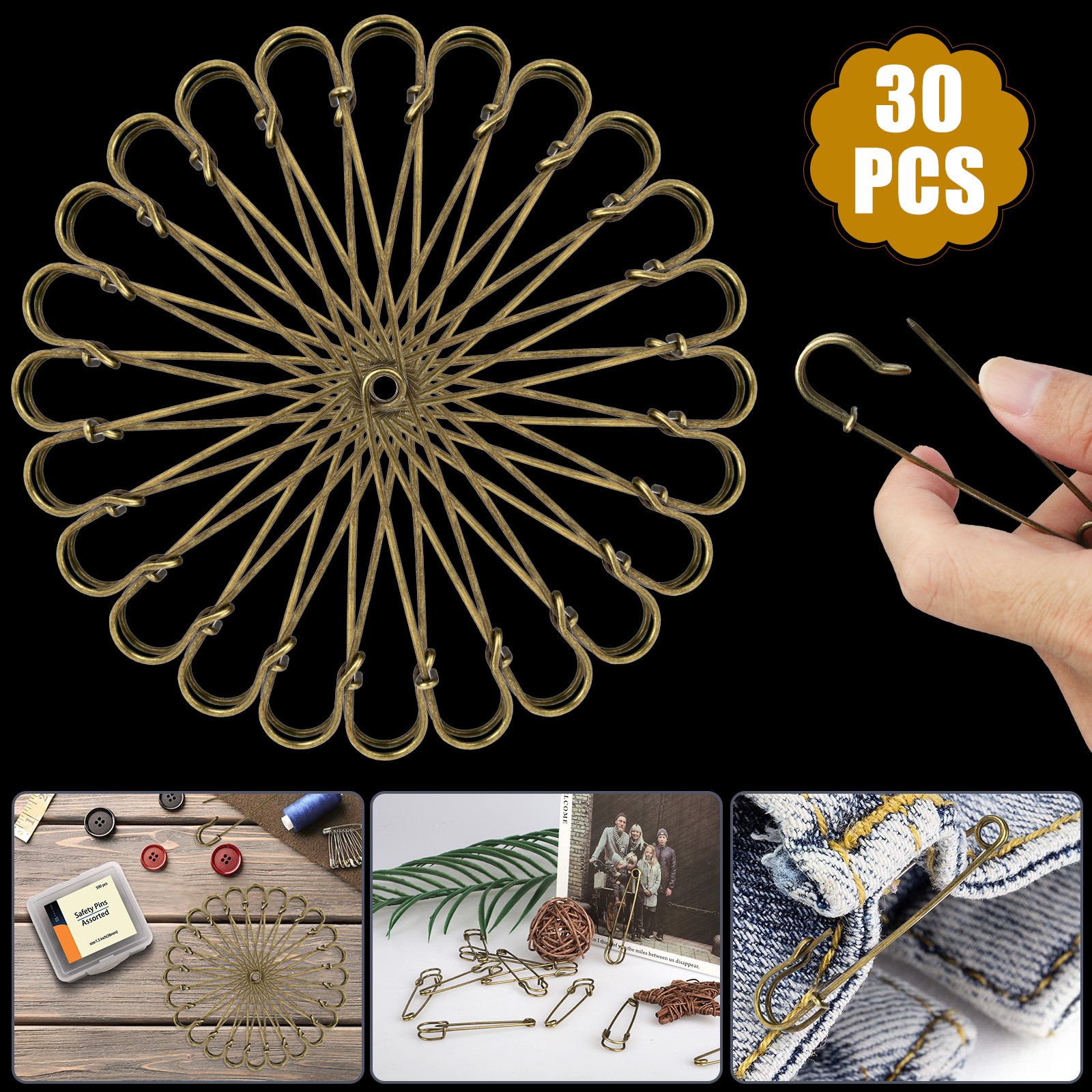 30Pcs Large Safety Pins Heavy Duty Blanket Pins Bulk Steel Spring Lock Pins