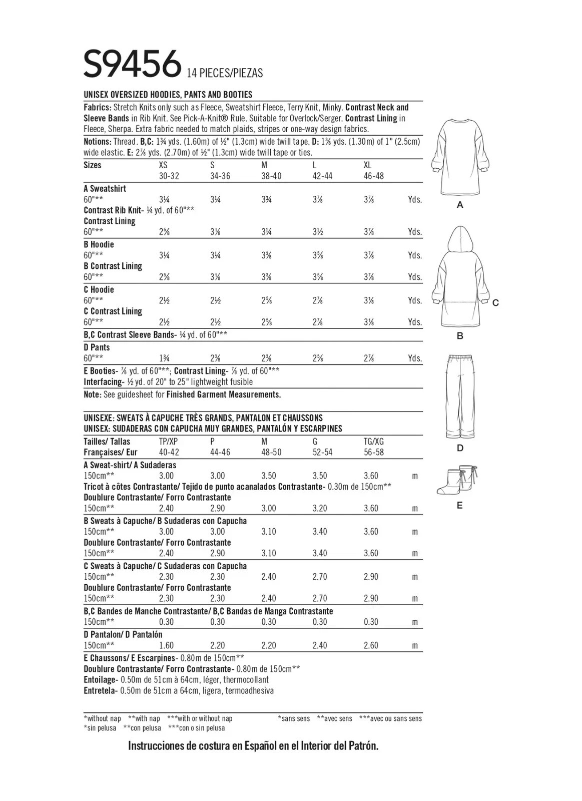 Simplicity 9456 Sewing Pattern UNISEX OVERSIZED HOODIES PANTS BOOTIES Sz:XS-XL