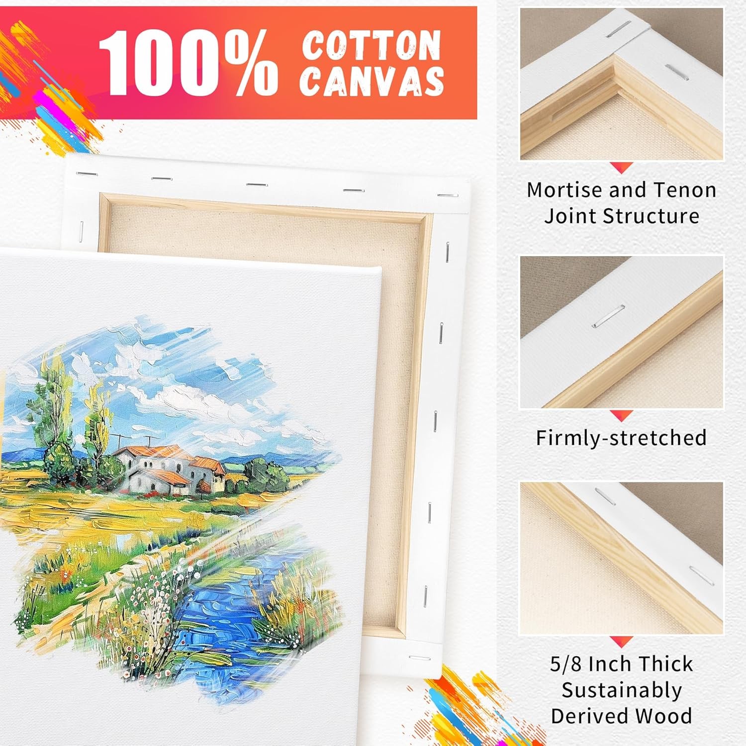 Stretched Canvas for Painting Pack of 6 Pre-Primed Wood Framed Blank White Canva