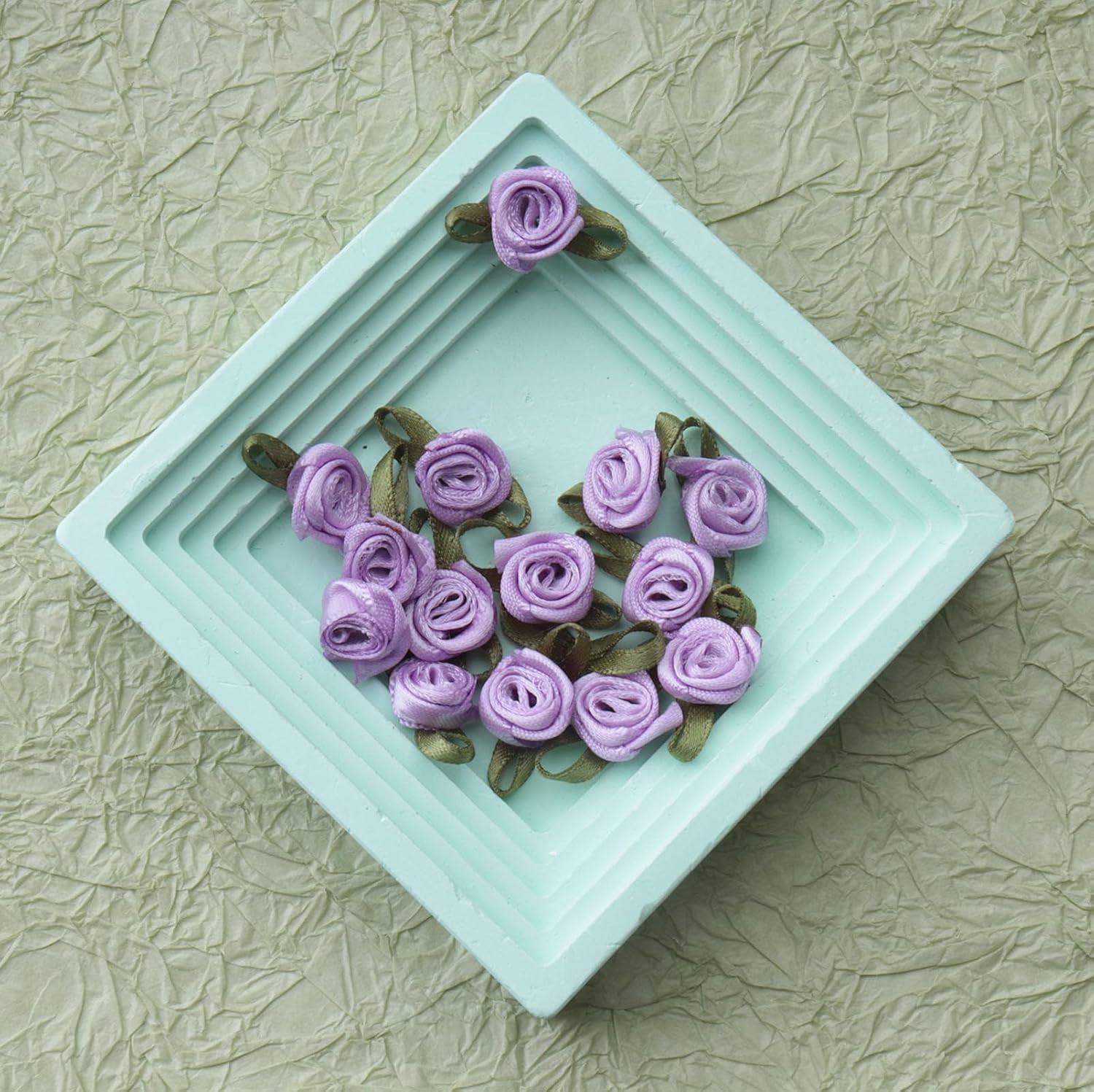 50 Pcs Satin Roses with Green Leaves Mini Cute Ribbon Bows Fabric Artificial Flo