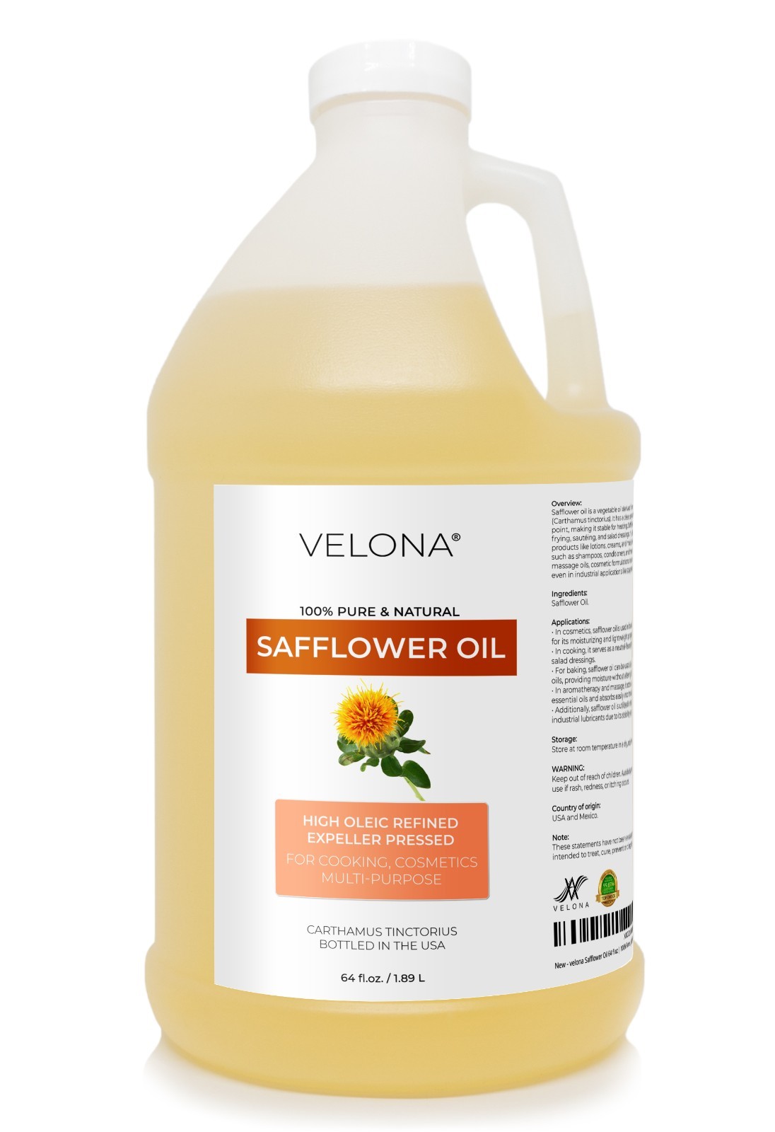 Safflower Oil by Velona 2 Fl Oz-1Gal Refined Expeller pressed Cooking Skin Body
