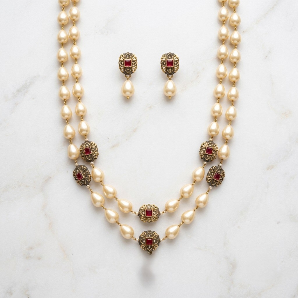 Luxury 2 Layer Pearl Beaded Necklace Set Gold Tone Ruby Floral Earrings Women
