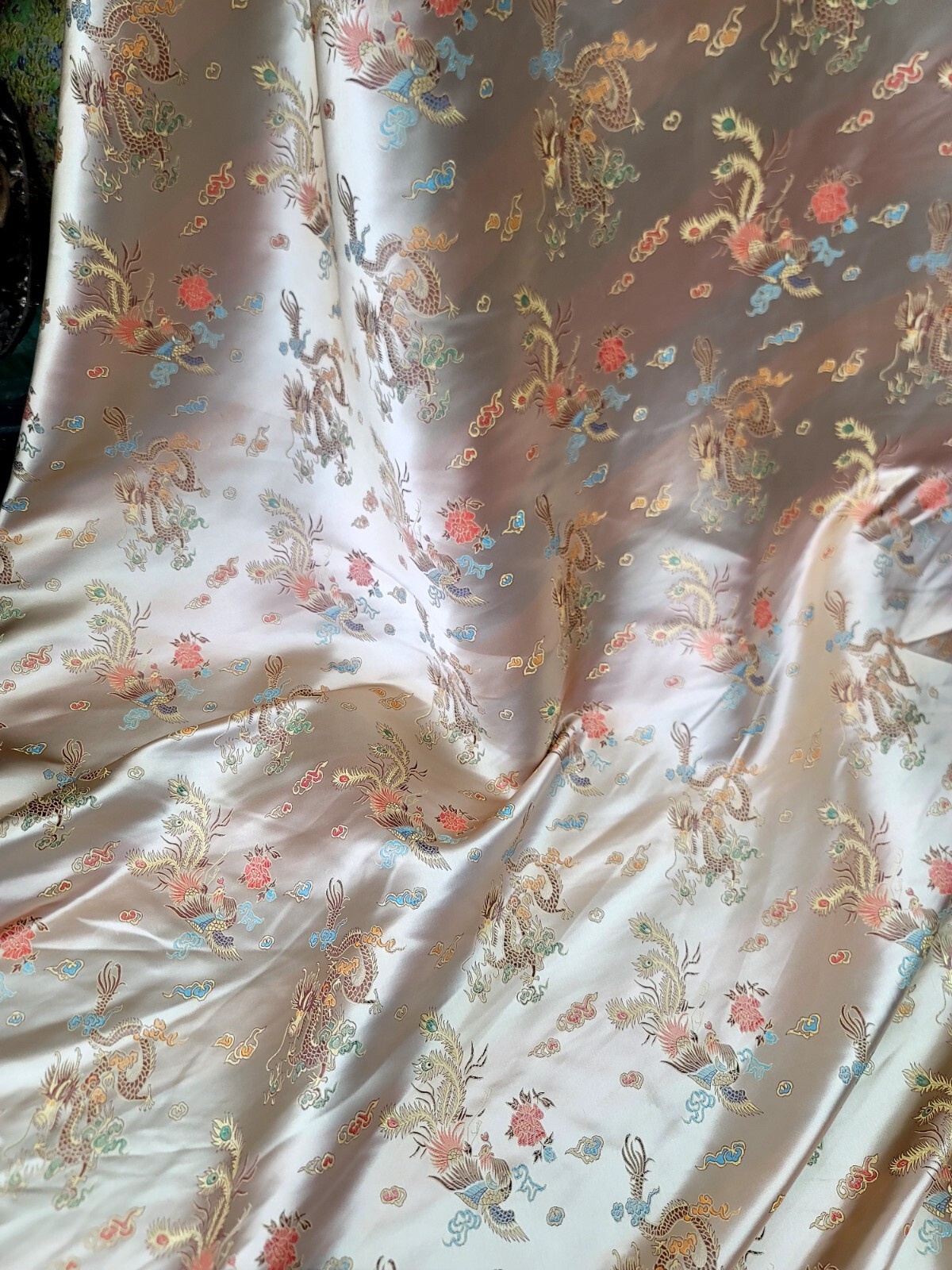 Beige Chinese Dragon Brocade Jacquard Fabric 60″ Wide BTY Multicolor
