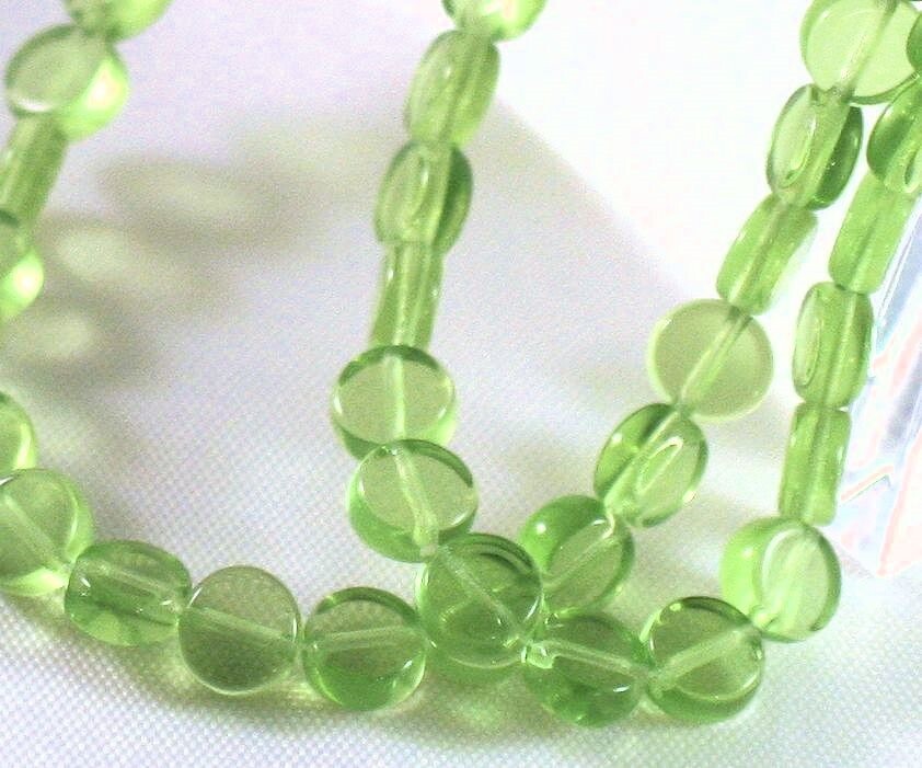 100 Czech Pressed Glass Transparent Peridot Green 6mm Flat Coin Beads 0.8mm Hole