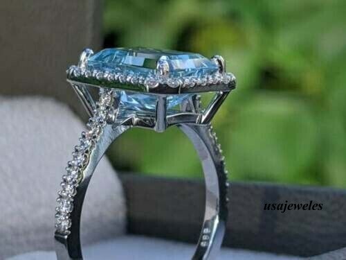 2CT Emerald Cut Real Aquamarine 14K White Gold Finish Wedding Halo Jewelry Ring
