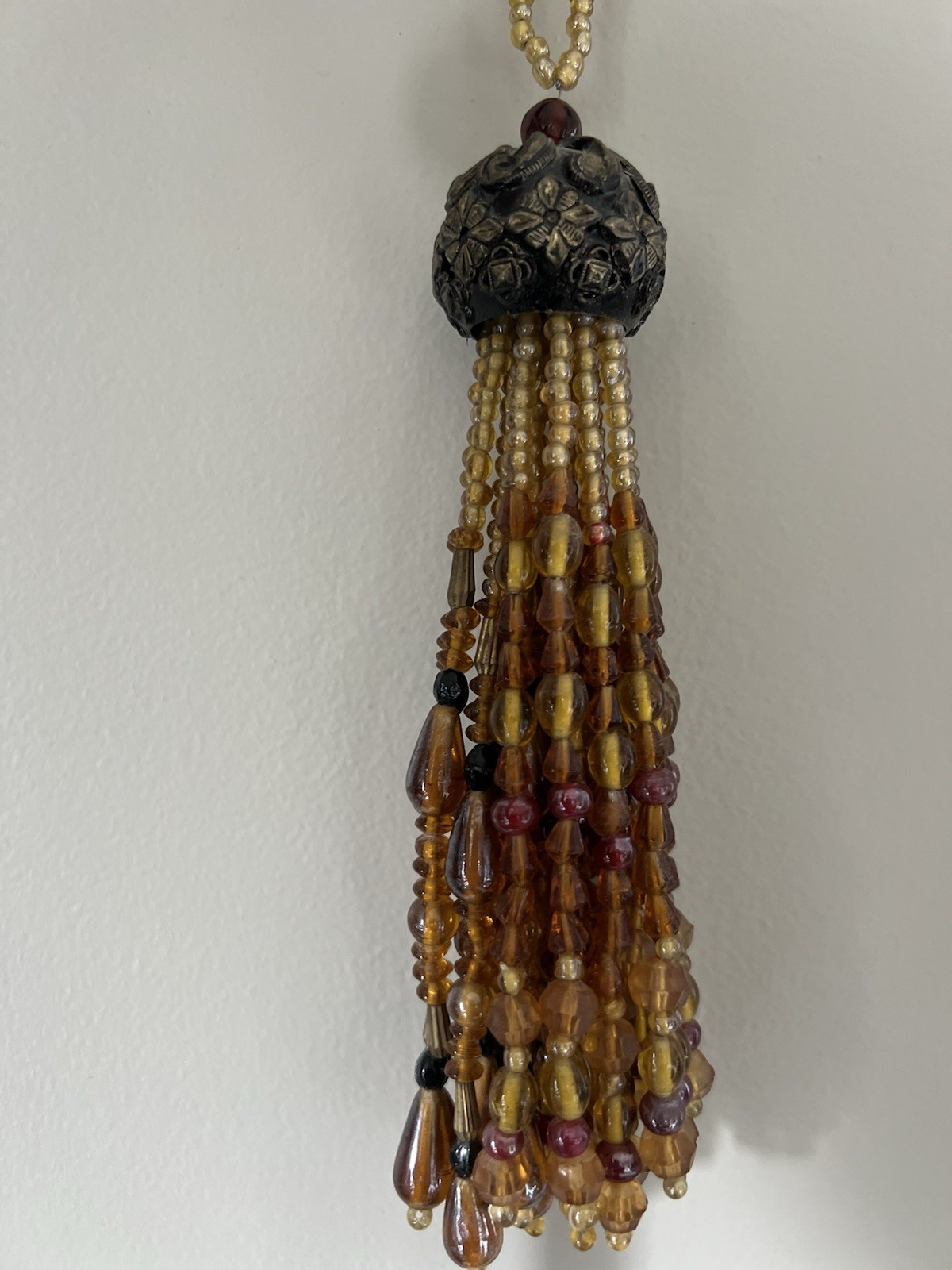 Amber glass gold tones warm Color Heavy Beaded Tassel Holiday ornament rich 7″