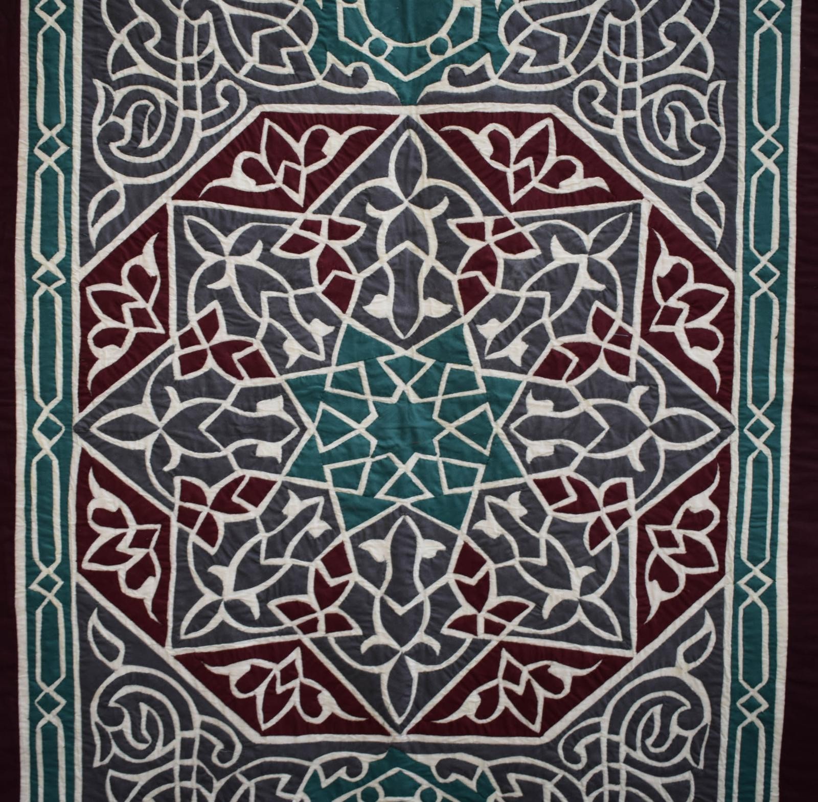 Egyptian Khayamiya Patchwork Wall Hanging Tapestry Maroon Green Star Medallion