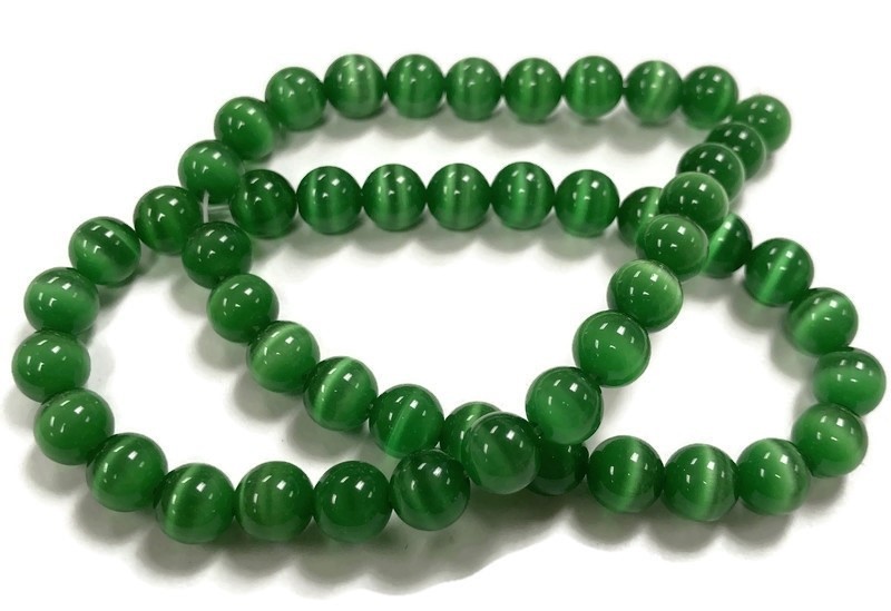 50 Cat’s Eye Fiber Optic Glass Muted Emerald 8mm. Smooth Round Beads 2573