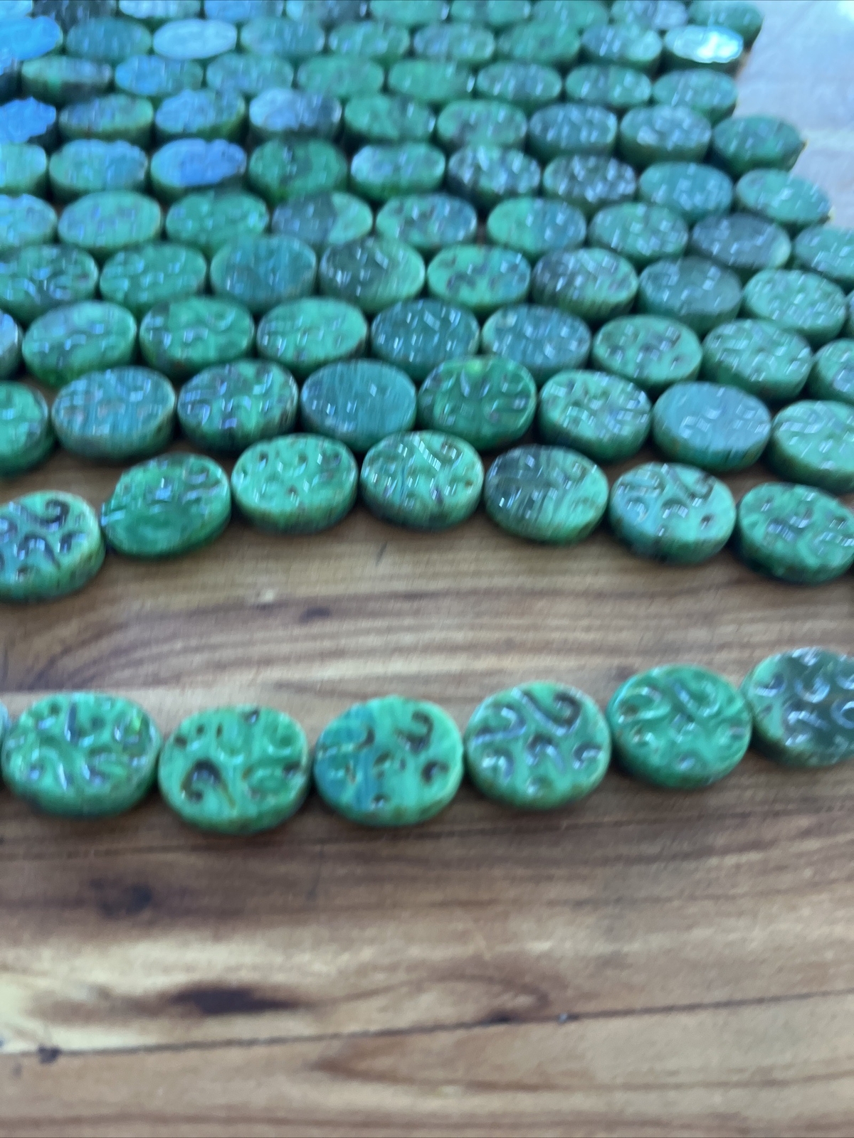 Swirl Green Vintage Antique Pressed Czech Glass 6in In Strand 15mm Coin Beads