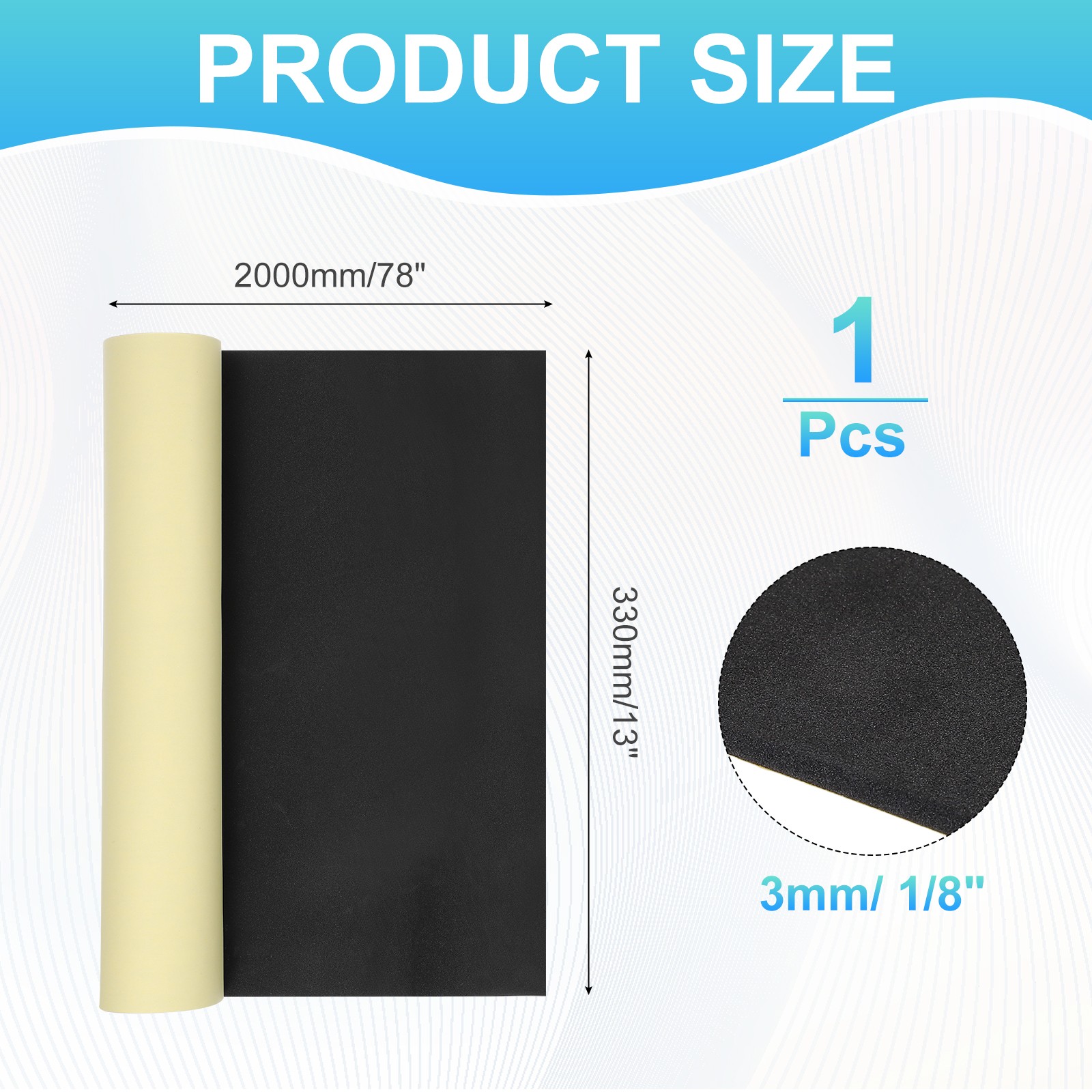 EVA Foam Roll with Adhesive Backing, 3mm 1/8″ Thick 78”x13”, Black