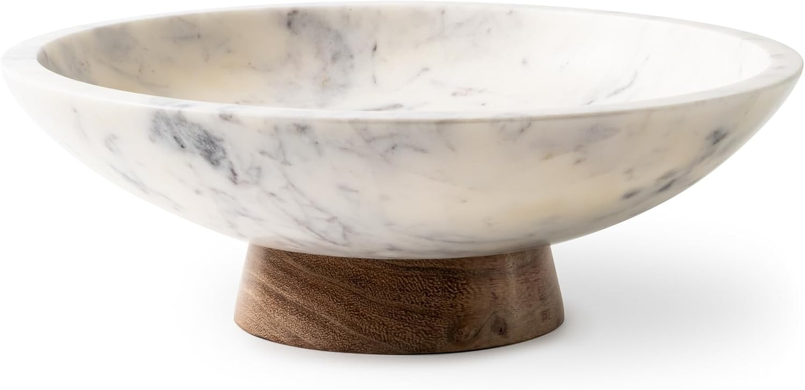 Marble Decorative Bowl with Acacia Wood Pedestal, 11 Inch | Handcrafted Natural