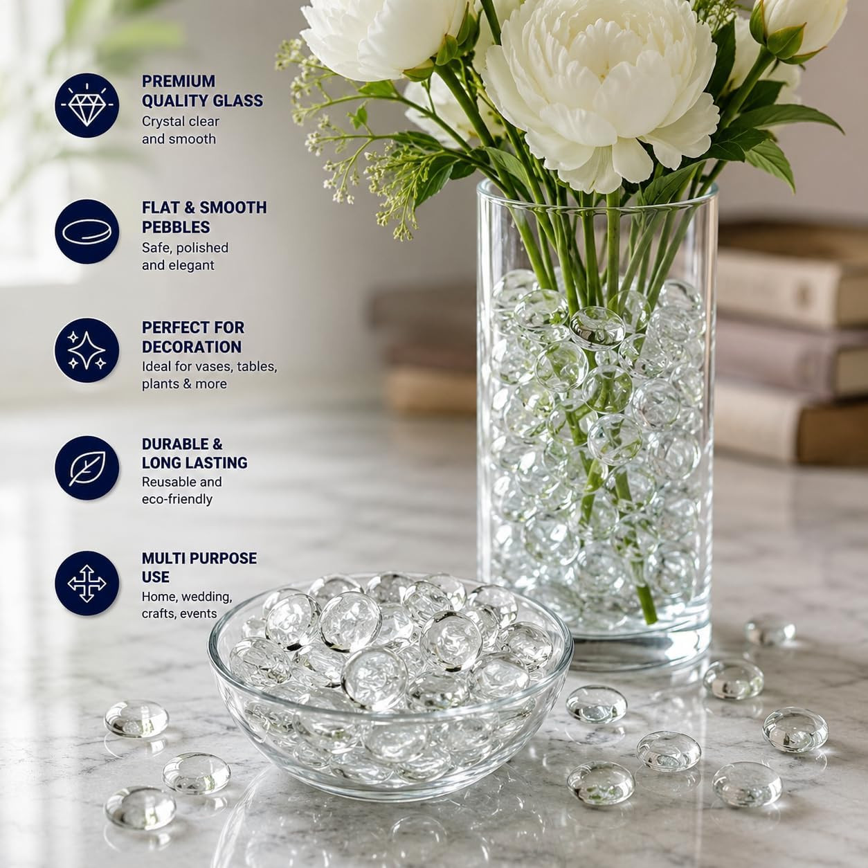 Flat Glass Marbles, Clear Beads Glass Pebbles Vase Fillers, 1 LB Glass Beads for