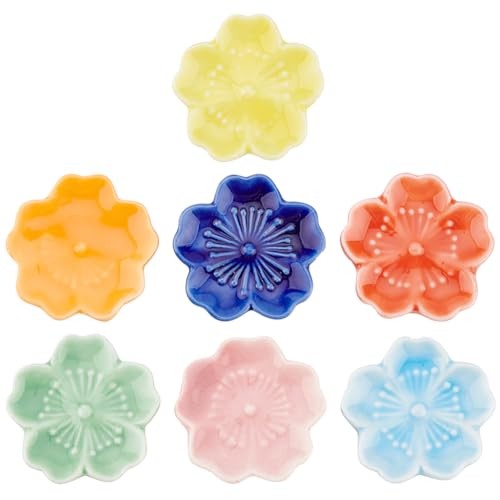 7Pcs 7 Colors Cherry Blossom Porcelain Brush Holder Rest, Japanese Style