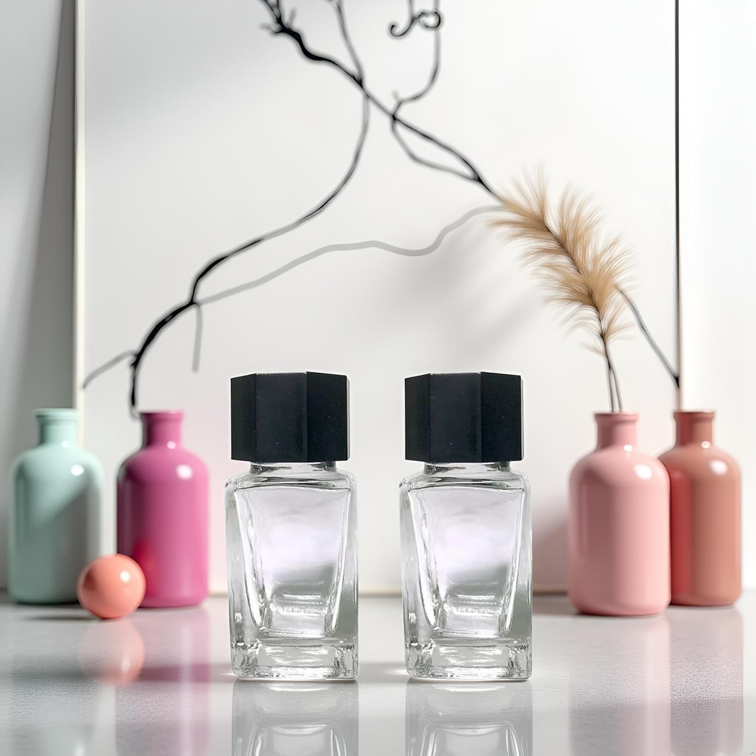 2 Pcs 20ml Clear Glass Jars Empty Refillable Ink Vials Containers with Black ABS