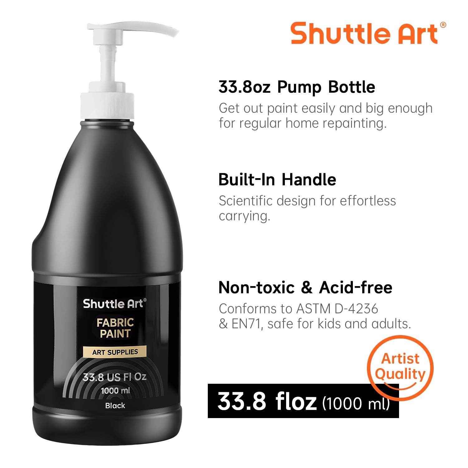 Shuttle Art Black Fabric Paint, 33.8 oz(1000 ml) Large Bottle with Pump, Perm…
