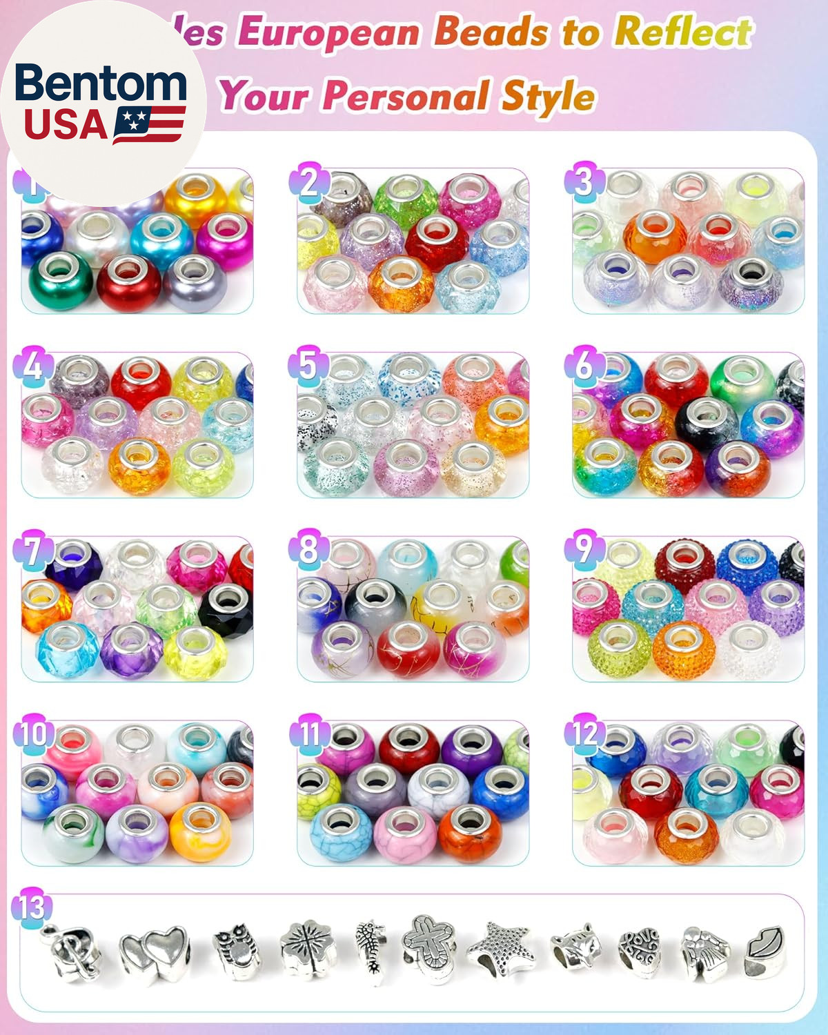 143PCS European Large Hole Beads for Jewelry Making – 12 Colors Glass Big Hole