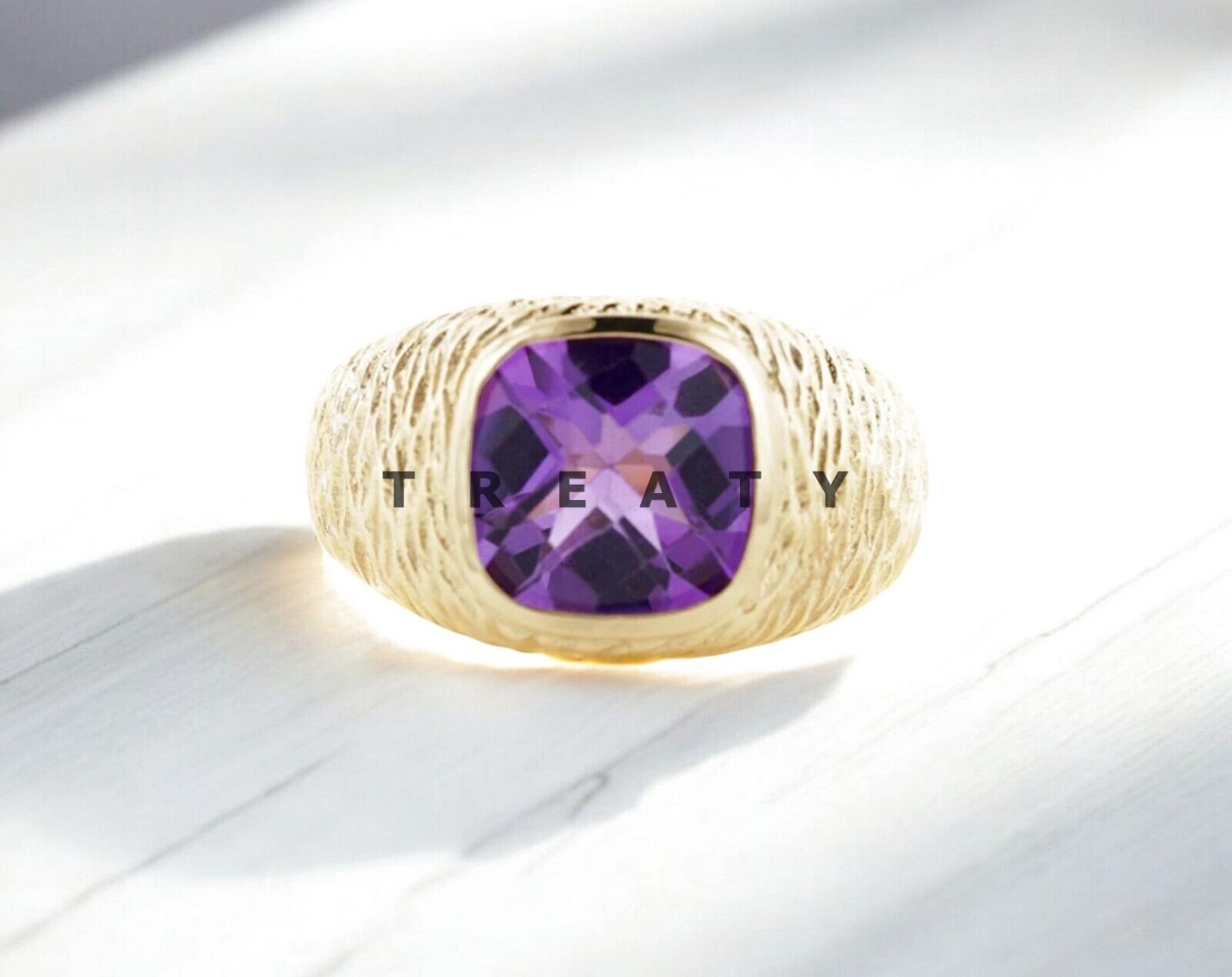 Amethyst Cushion Cut With 14k Yellow Gold Ring For Men’s #416 #