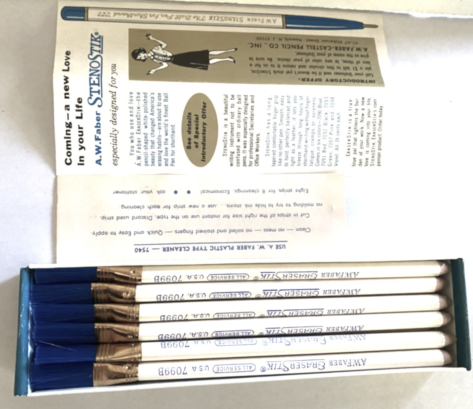 New Old Stock 1 Dozen A.W.FABER-CASTELL 7099B Wood Brush End EraserStick U.S.A