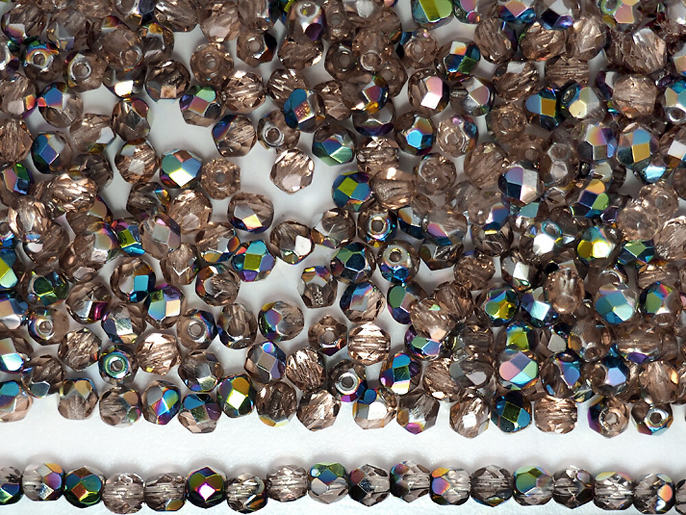 Czech Fire Polished Round Faceted Beads in Vintage Rose Vitrail ctd, Rosaline VM