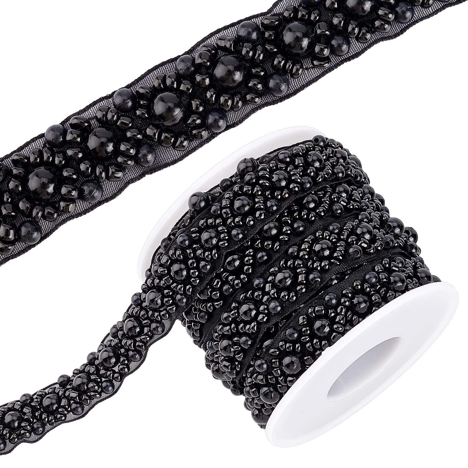 3.3 Yard Black Faux Pearl Lace Ribbon 0.6 Inch